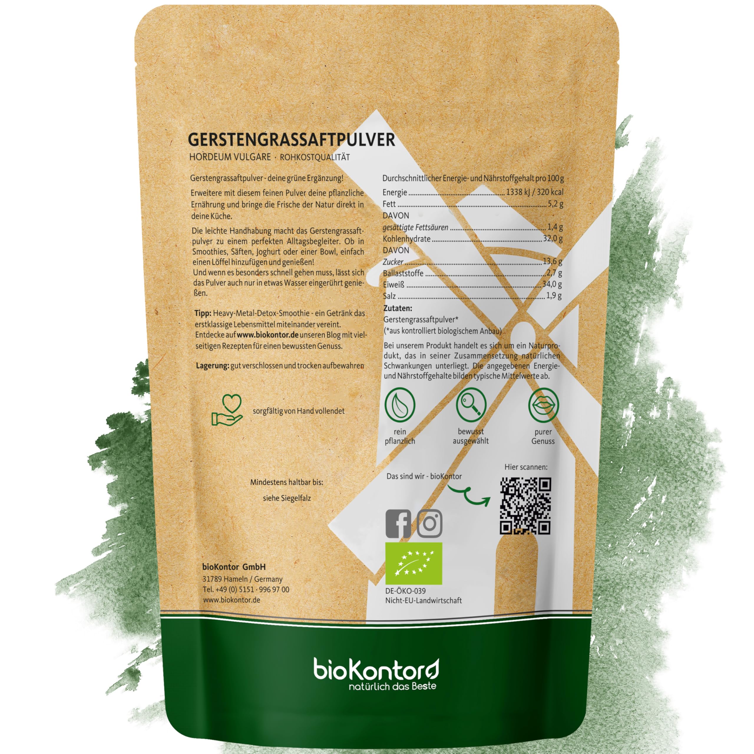 bioKontor – Bio Gerstengrassaftpulver 250g – Extrakt 33:1 – Gerstengras Saftpulver fein – Gerstengras Pulver Naturrein – ideal für Smoothies, grünen Saft & Getränke – Rohkostqualität aus den USA