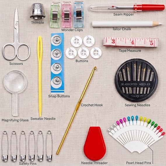 119-Piece Travel Sewing Kit for Adults & Kids, Small Needle & Thread Kit | Mini Emergency Repair Sewing Kit, Beginner Set with Multicolor Thread, Needles, Scissors, Thimble, Clips & Travel Case