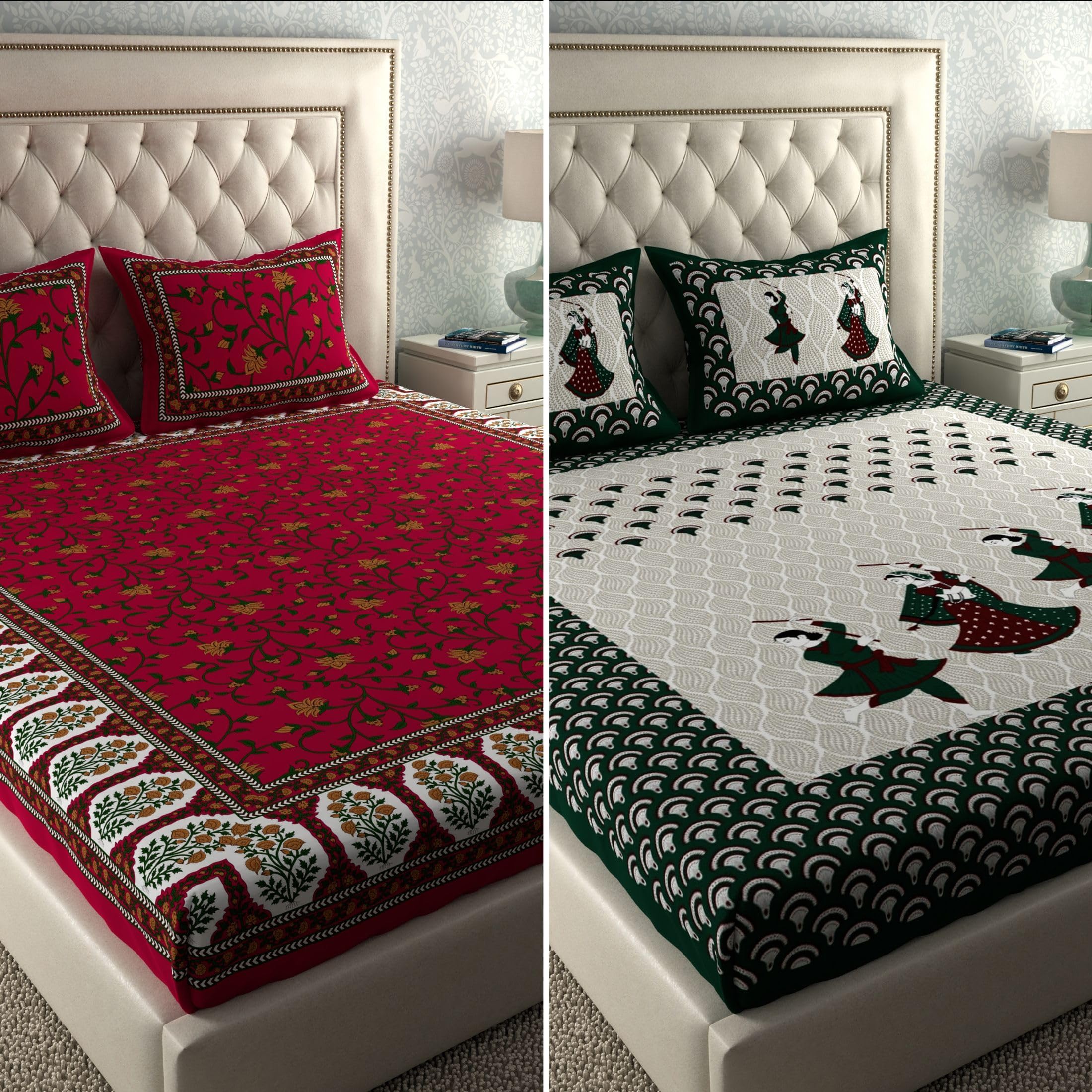 Jaipuri Cotton Bedsheets - 2 Double Sets with Pillow Covers -27