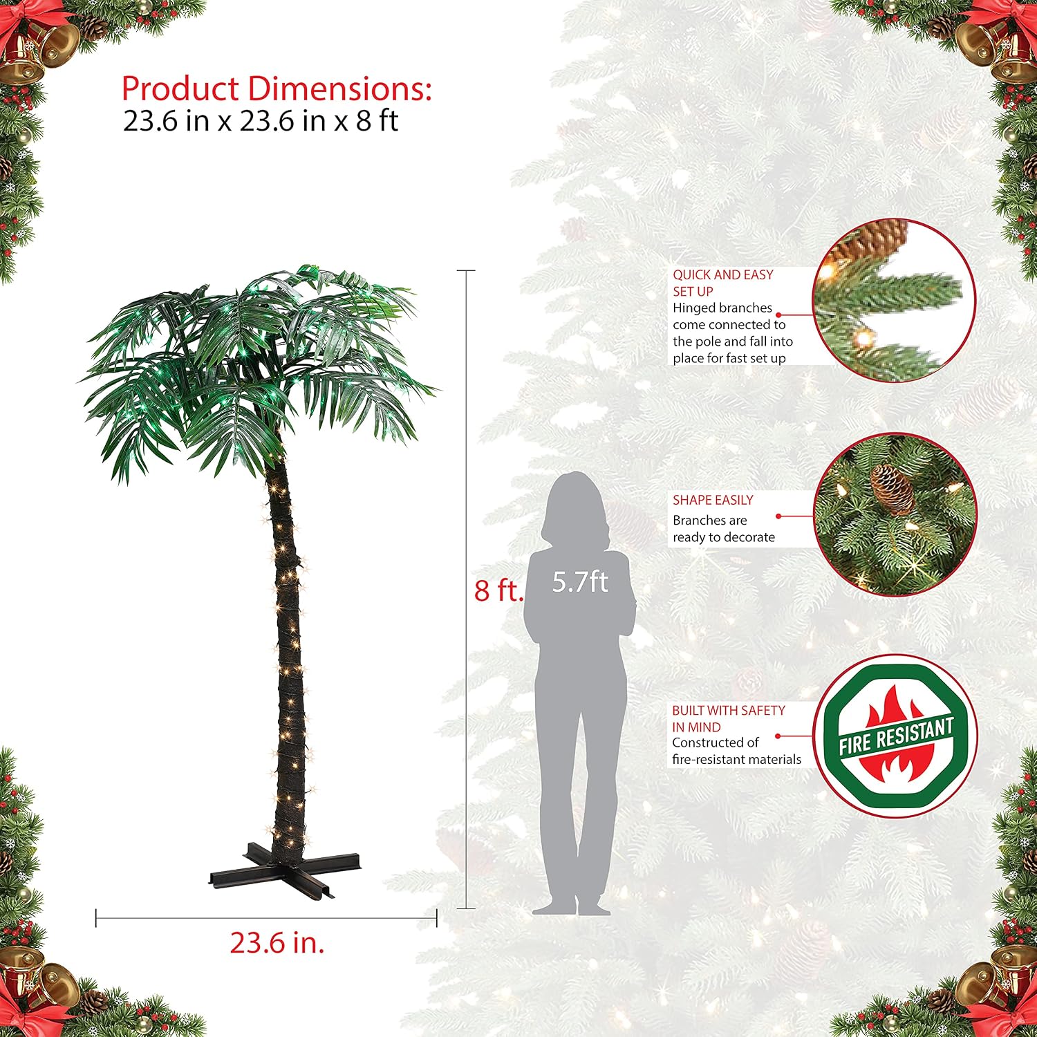 Puleo International Pre-Lit Palm Artificial Christmas Tree, Green, 209-0995-ST80LWG192
