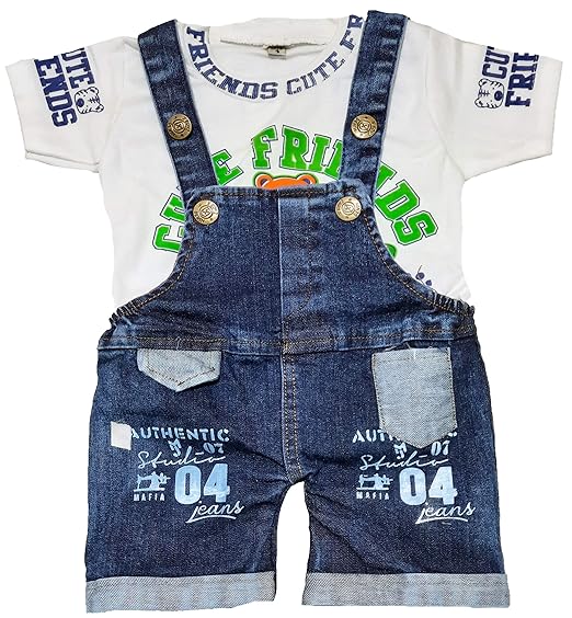 little PANDA Baby Boys & Baby Girls Denim & Hosiery Cotton Dungaree & T-Shirt Clothing Set