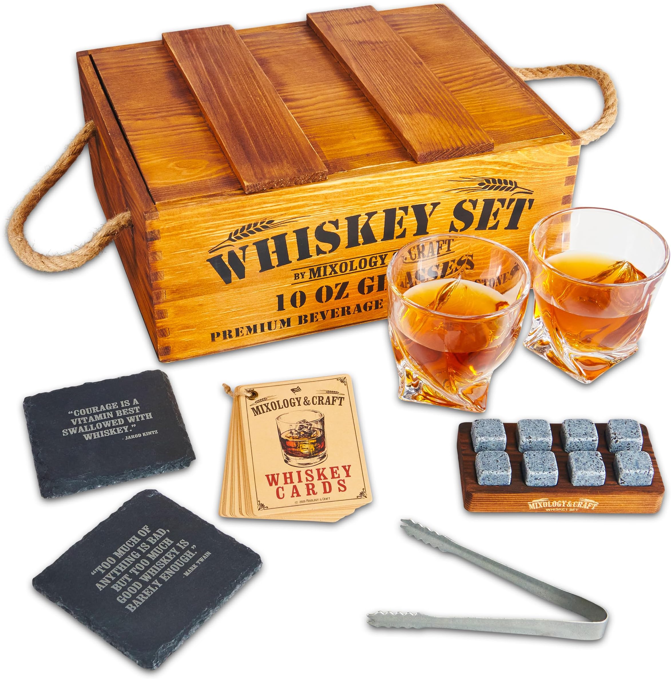 Mixology Set Regalo Whisky: 2 Bicchieri 295 Ml, 8 Pietre Refrigeranti In Granito, Pinze, Sottobicchieri E Scatola Legno