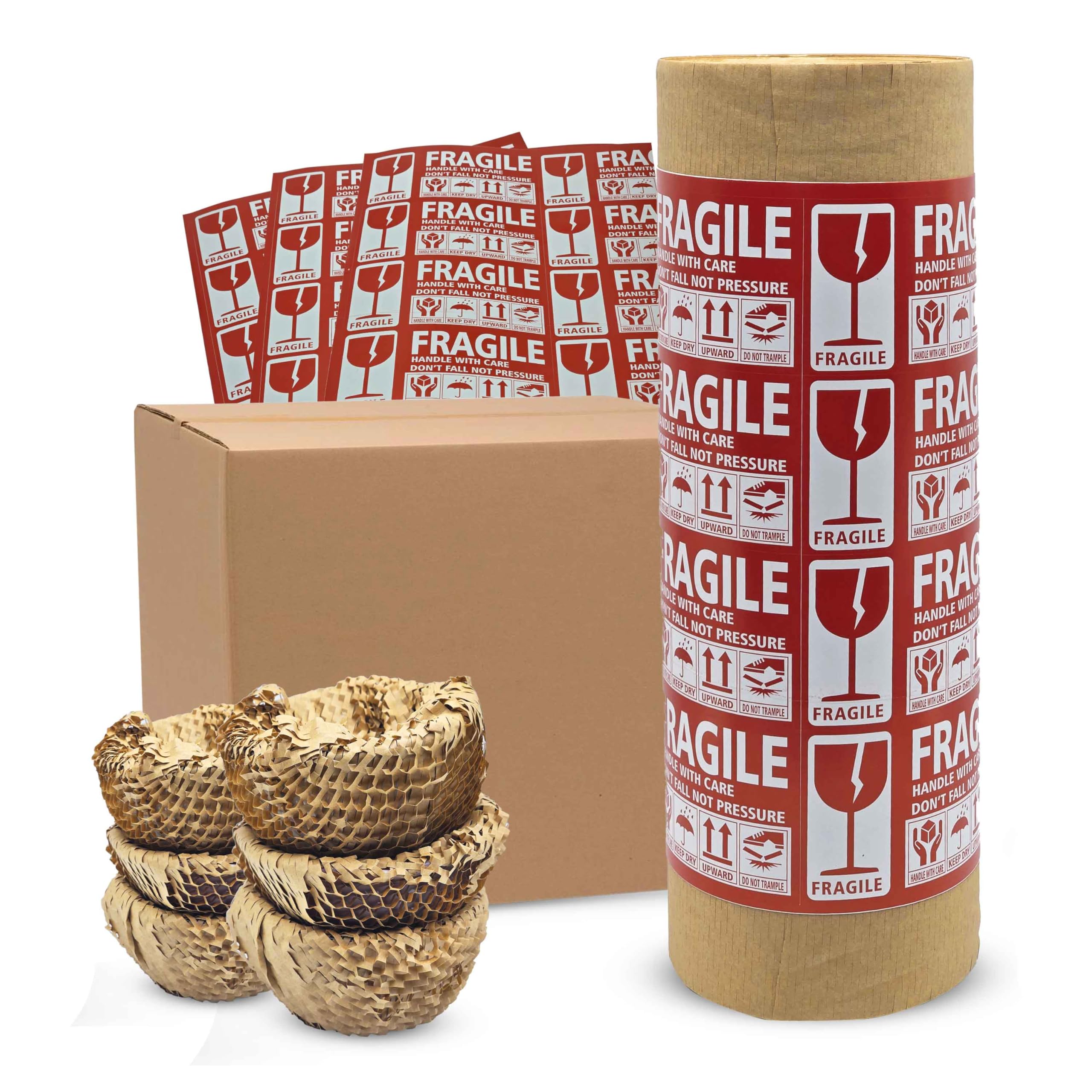 15”x500’ Honeycomb Paper, Honeycomb Packing Paper for Moving Packing Materials for Fragile Items, 1 rolls of 500ft With 48 Fragile Sticker Labels