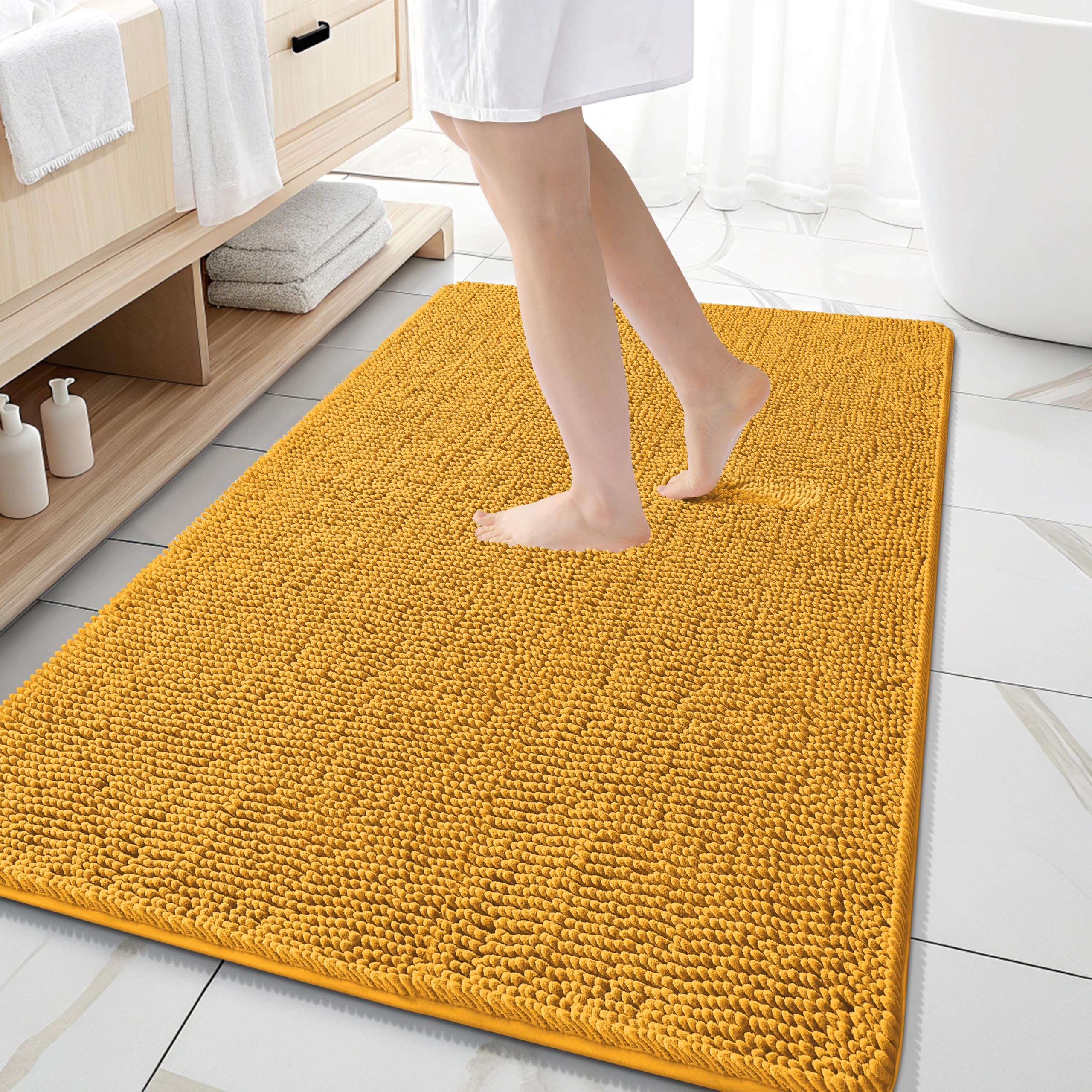 OLANLY Large Bathroom Rugs 59x35, Extra Soft Absorbent Chenille Bath Rugs | Golden Yellow, Quick-Drying Rubber Backing, Washable Bath Mat for Bathroom Floor, Tub and Shower, Home Decor Accessories