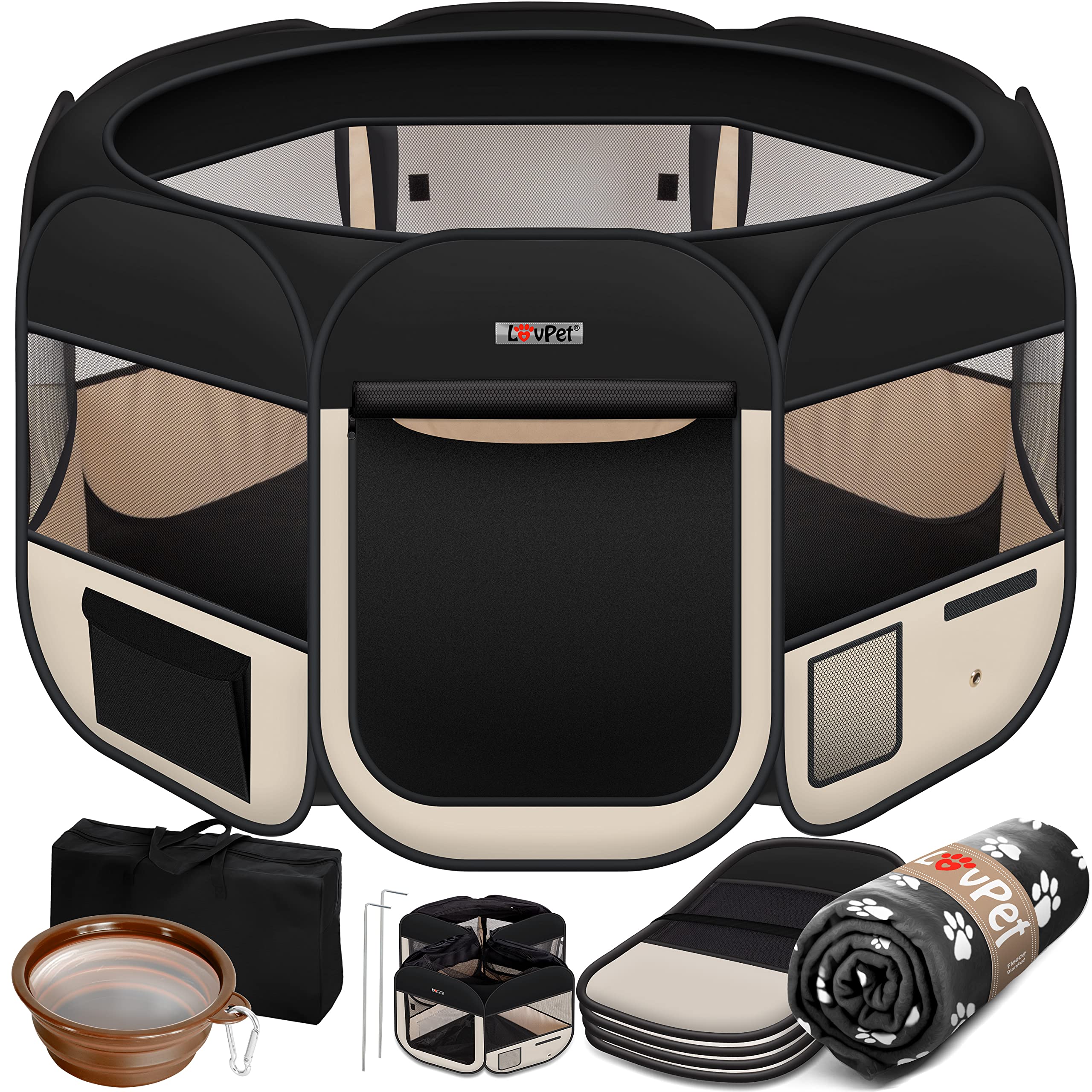 Lovpet® Parque Plegable para Cachorros y Gatos, Incluye comedero para Perros y Gatos, Tejido Oxford, Sistema desplegable para Interior y Exterior