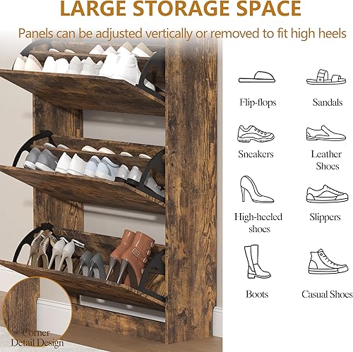 Miniatura 6 de Mueble para zapatos con 3 cajones abatibles, mueble delgado de almacenamiento de zapatos de madera oculto de 47", con estante ajustable, organizador