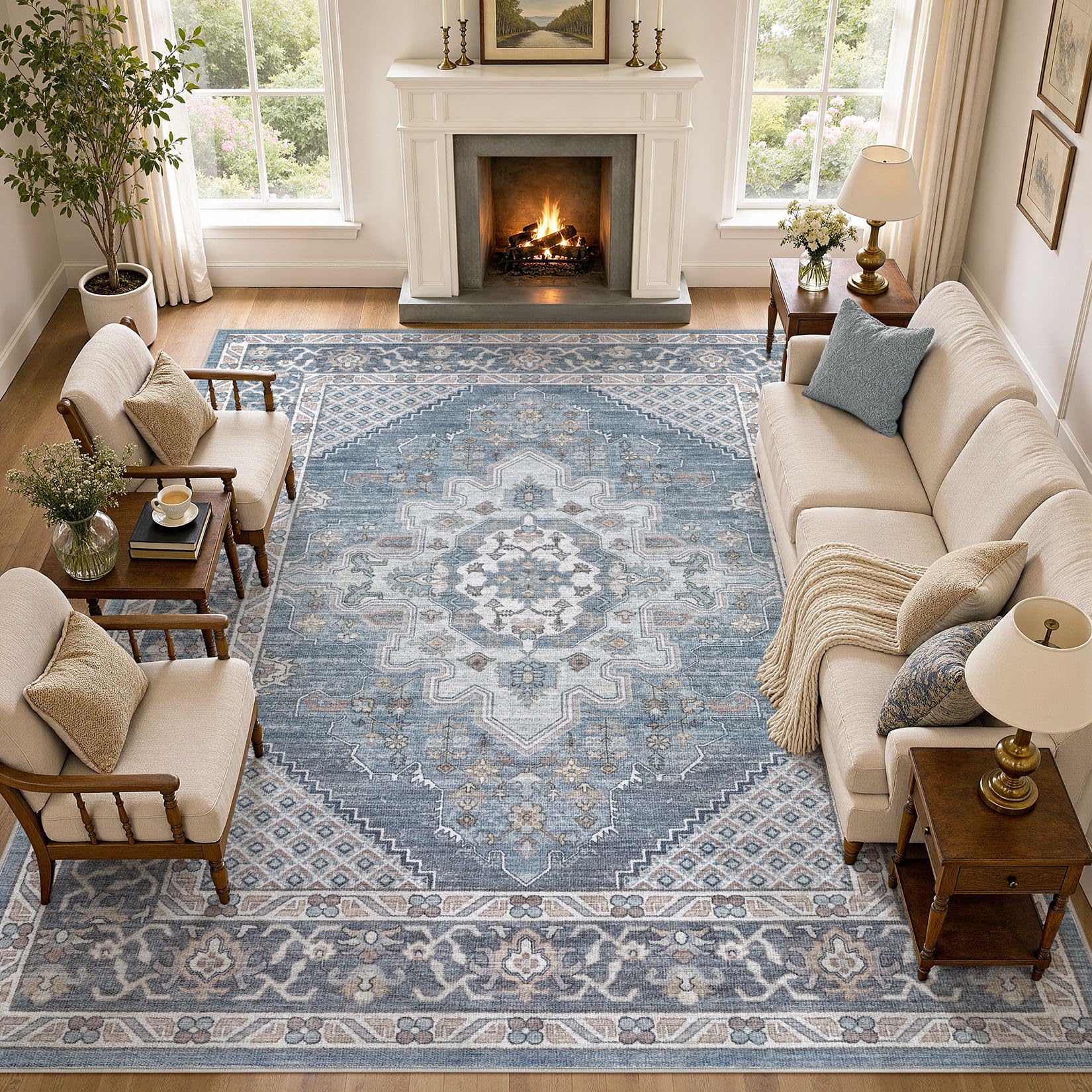 Photo 1 of Tortania Area Rug Living Room Rugs - 12x15 Washable Boho Rug Vintage Oriental Distressed Farmhouse Large Thin Indoor Carpet for Living Room Bedroom Under Dining Table Home Office - Blue