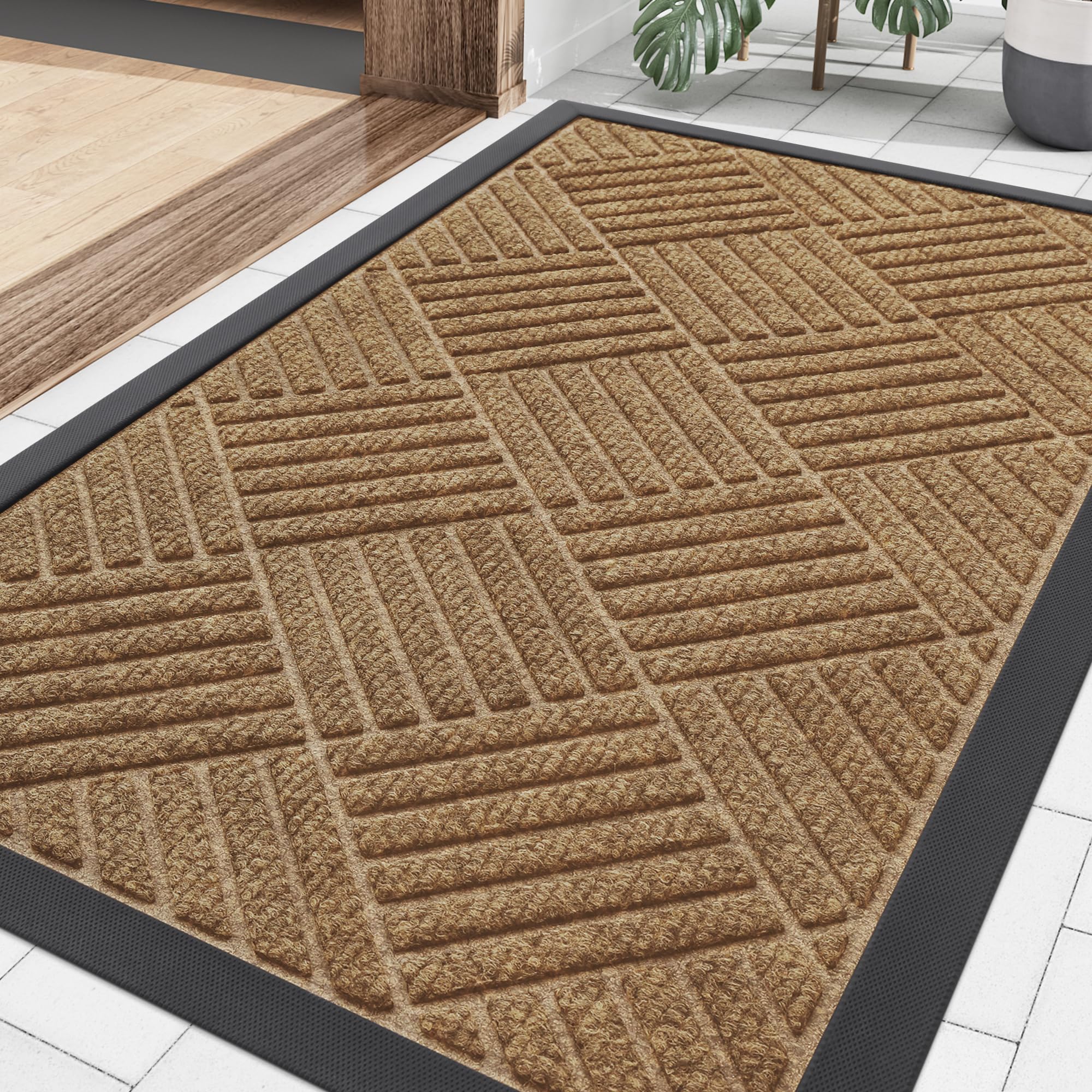 Smiry Front Door Mat Outside Entrance, Heavy Duty Outdoor Indoor Natural Rubber Doormat, Non Slip, Trap Dirt and Moisture, Easy Clean, Low Profile Patio Porch Entryway Mat, 29.5x17, Coffee