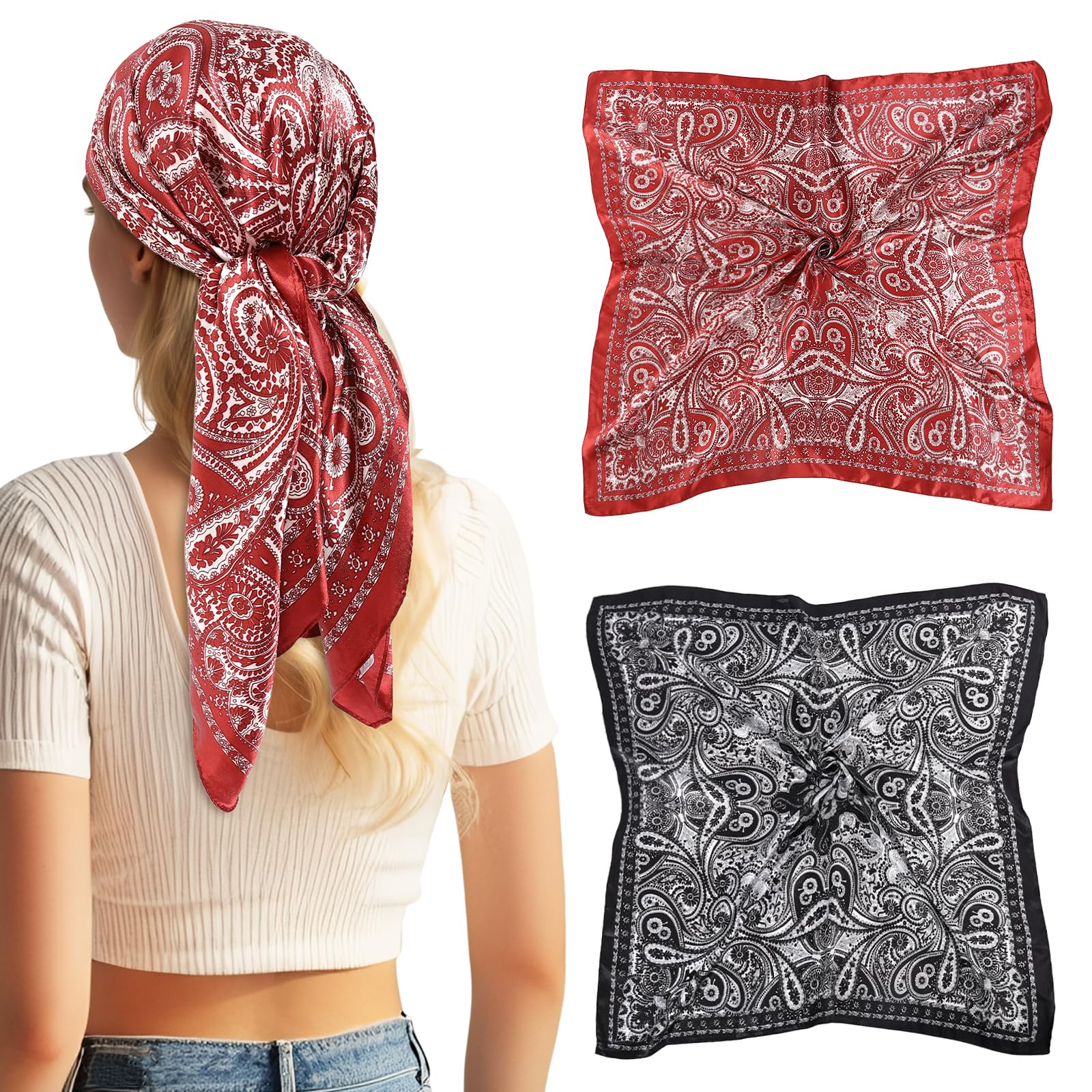 DAMILY 90x90cm Damen Herren Kopftuch Faux Seidenschal Bandana Halstuch Square Schal