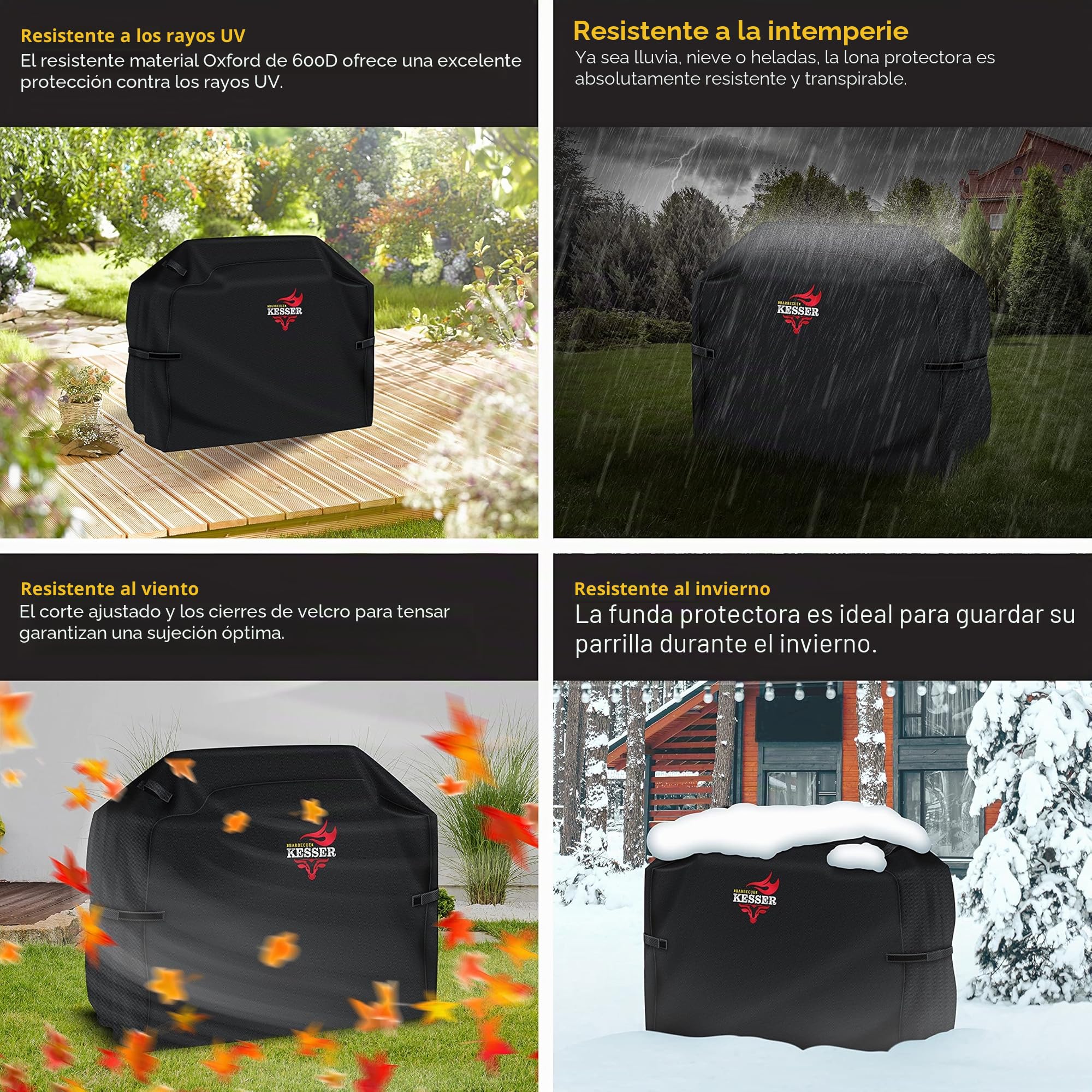 KESSER® Funda para Barbacoa Resistente a la Intemperie |Grill Cubierta para Weber, Brinkmann Char Broil Parilla | Tejido Oxford 600D | 147 x 61 x 122 cm, Negro