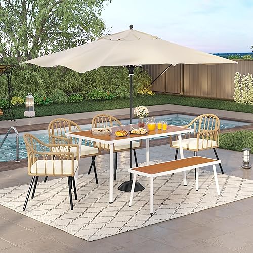 YITAHOME 6 Pieces Outdoor Patio Dining Set, Rattan Wicker Patio Dining Chair & Table & Bench Set for 6 People, Sectional Conversation Set with Umbrella Hole for Patios, Backyard, Balcony, Garden, Lawn
