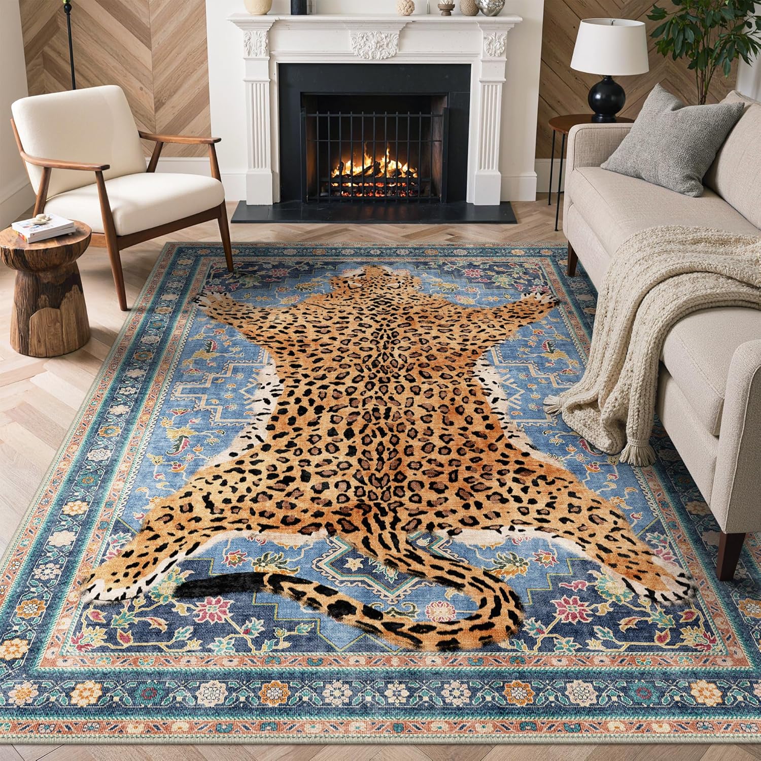 GENIMO Animal Print Area Runner Rug for Kitchen Living Room Dining Bedroom Entryway Hallway Office Bathroom - Leopard Print Non-Slip Soft Machine Washable Large Floor Rug Carpet - Blue/Yellow 5x7 Ft