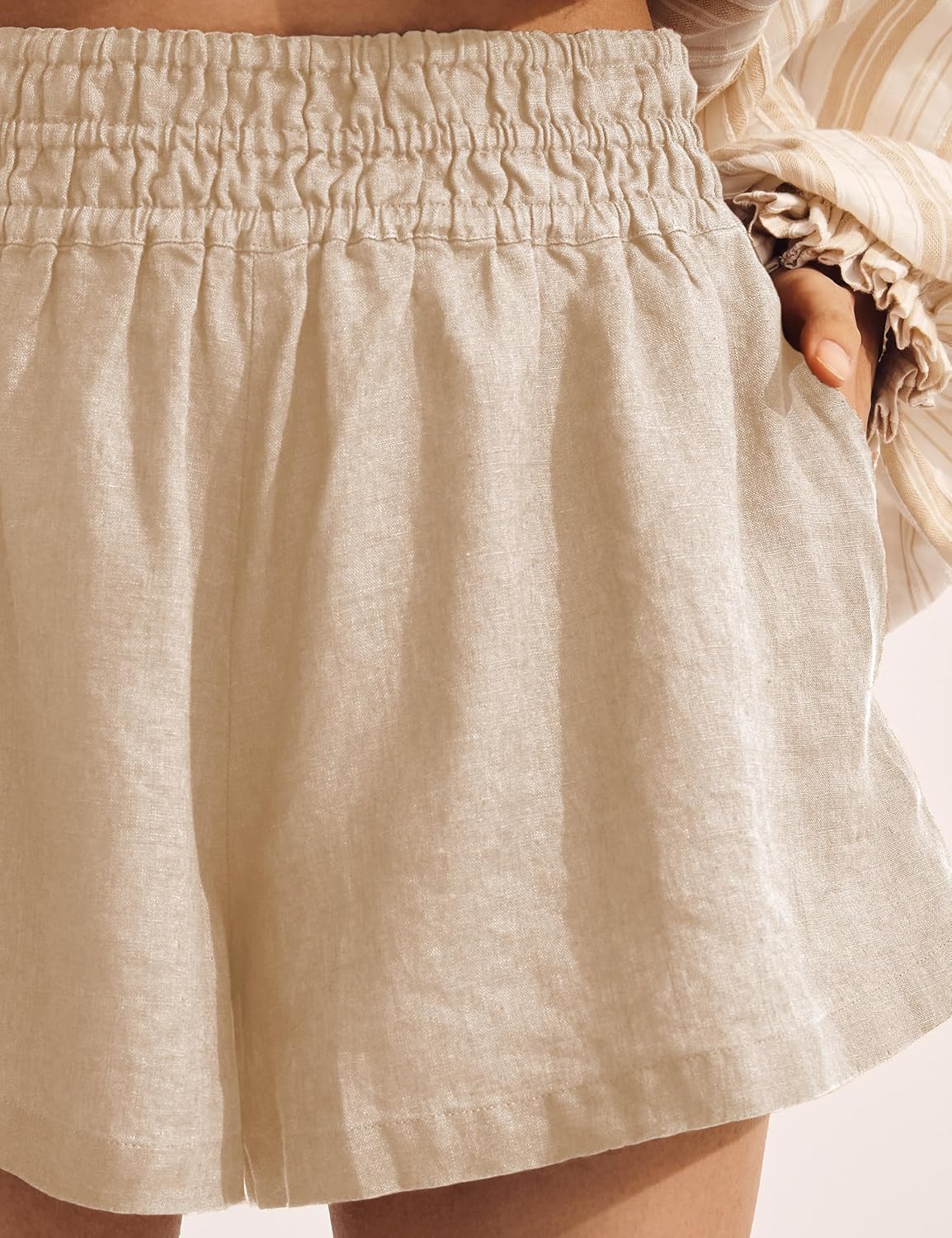 Linen Shorts for Women Summer Casual Elastic High Waisted Wide Leg Loose Beach Shorts with Pockets - Image 4