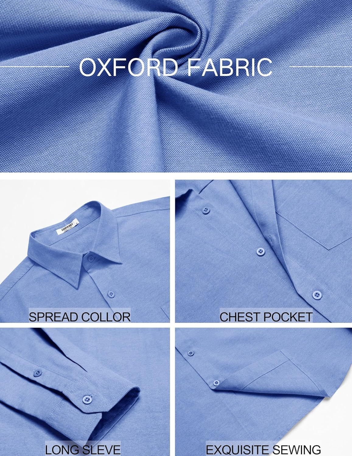 COOFANDY Mens Long Sleeve Oxford Shirt Soild Button Up Cotton Shirts Casual Work Shirts with Pocket Blue - Image 5