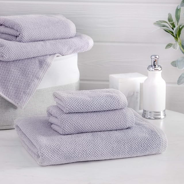 Welhome Franklin Purple Towels | 6 Piece Set | 2 Bath - 2 Hand - 2 Face | Textured Finish | Highly Absorbent Cotton | Low Lint | Heavyweight | Sustainably Manufactured | Lilac Purple