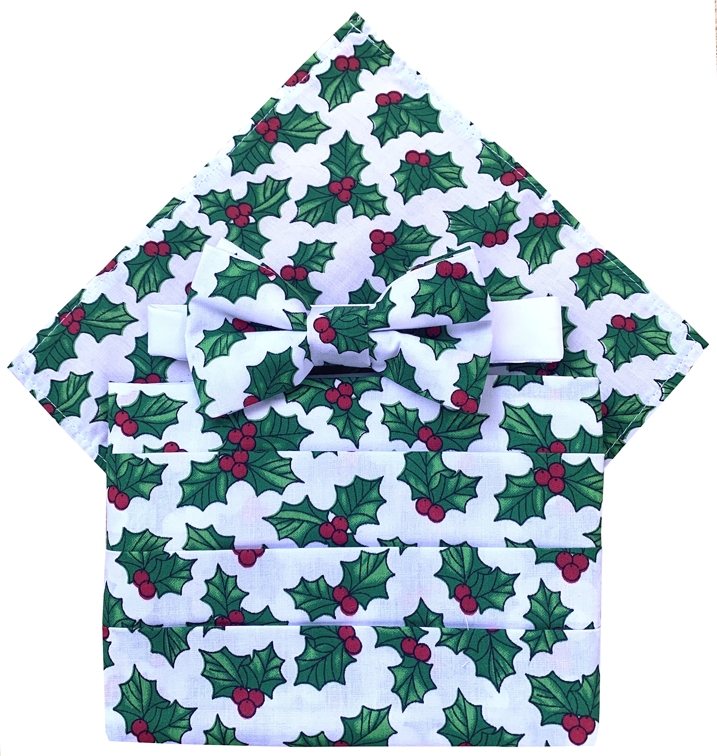 Great British Tie Club Men's White Holly 100% Cotton Festive Christmas Cummerbund Sets (Includes Bow Tie & Hanky) (White Holly)
