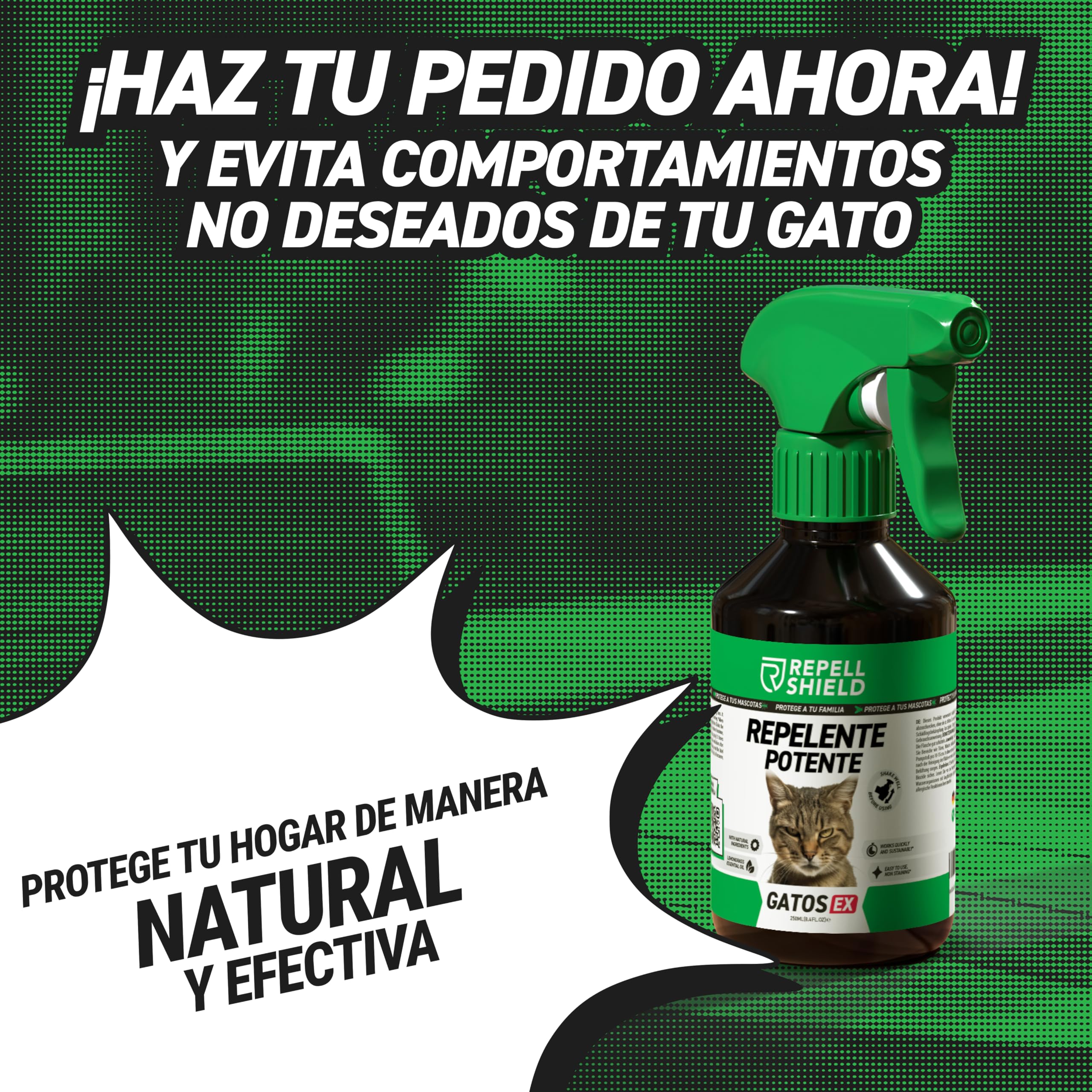 RepellShield® Spray Repelente Gatos - Antiarañazos - Ahuyentador de Gatos Exterior e Interior - 250ml - Protege Tus Sofás, Alfombras, Cortinas, Jardín - No Mancha - Seguro para Niños y Mascotas