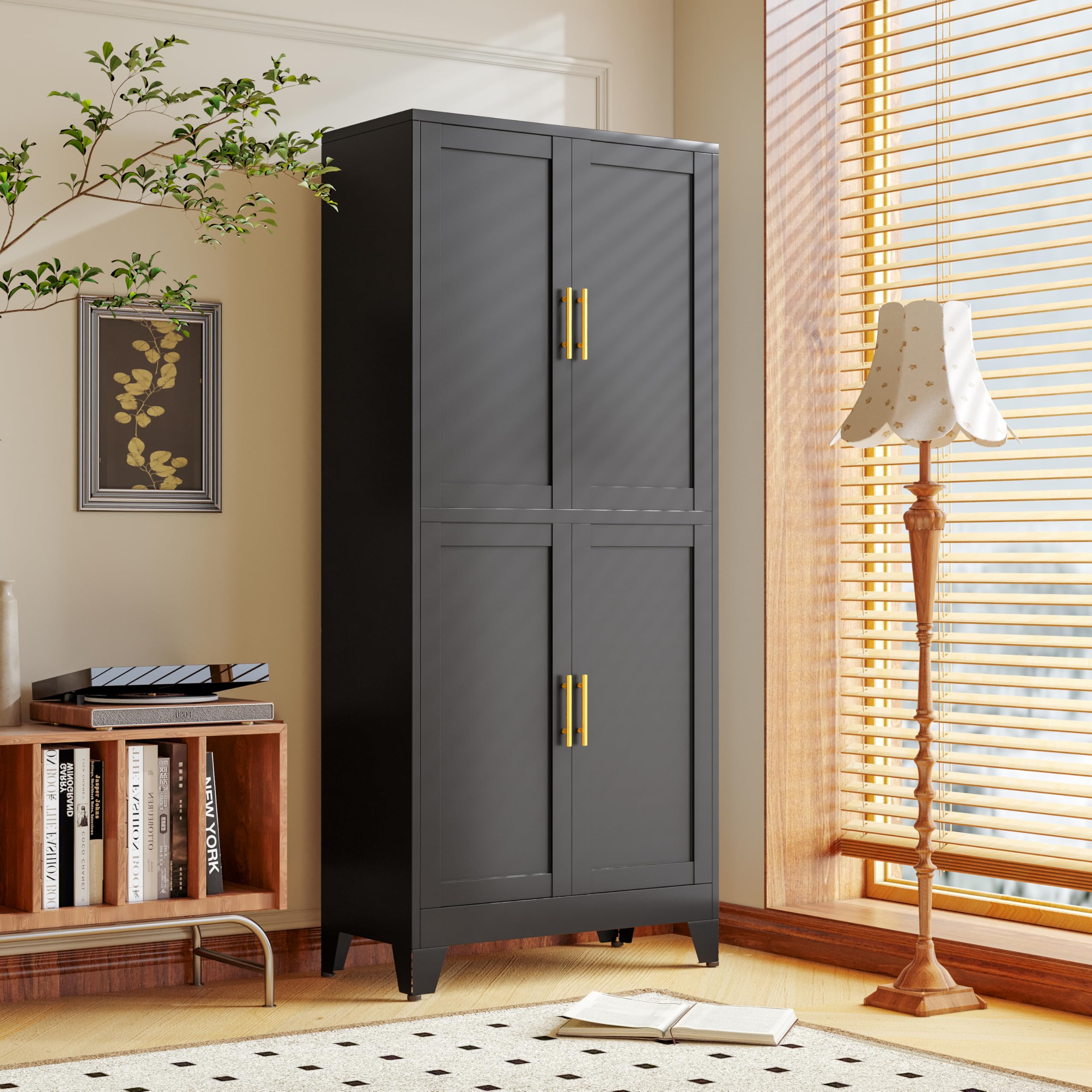 PAOFIN Black Metal Storage Cabinet with 4 Doors and 4 Adjustable Shelves, Adjustable Leveling Foot for Kitchen, Living Room and Dining Room. 75" H