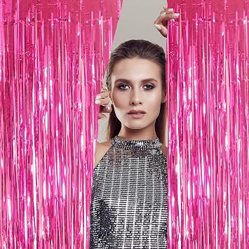 2pcs 3.2 x 8.3ft Glitter Hot Pink Tinsel Curtain Streamers Door Fringe Foil Curtain Backdrop Birthday Party Decorations for Girls Women Hen Do Engagement Graduation Party Decor Banner Magenta