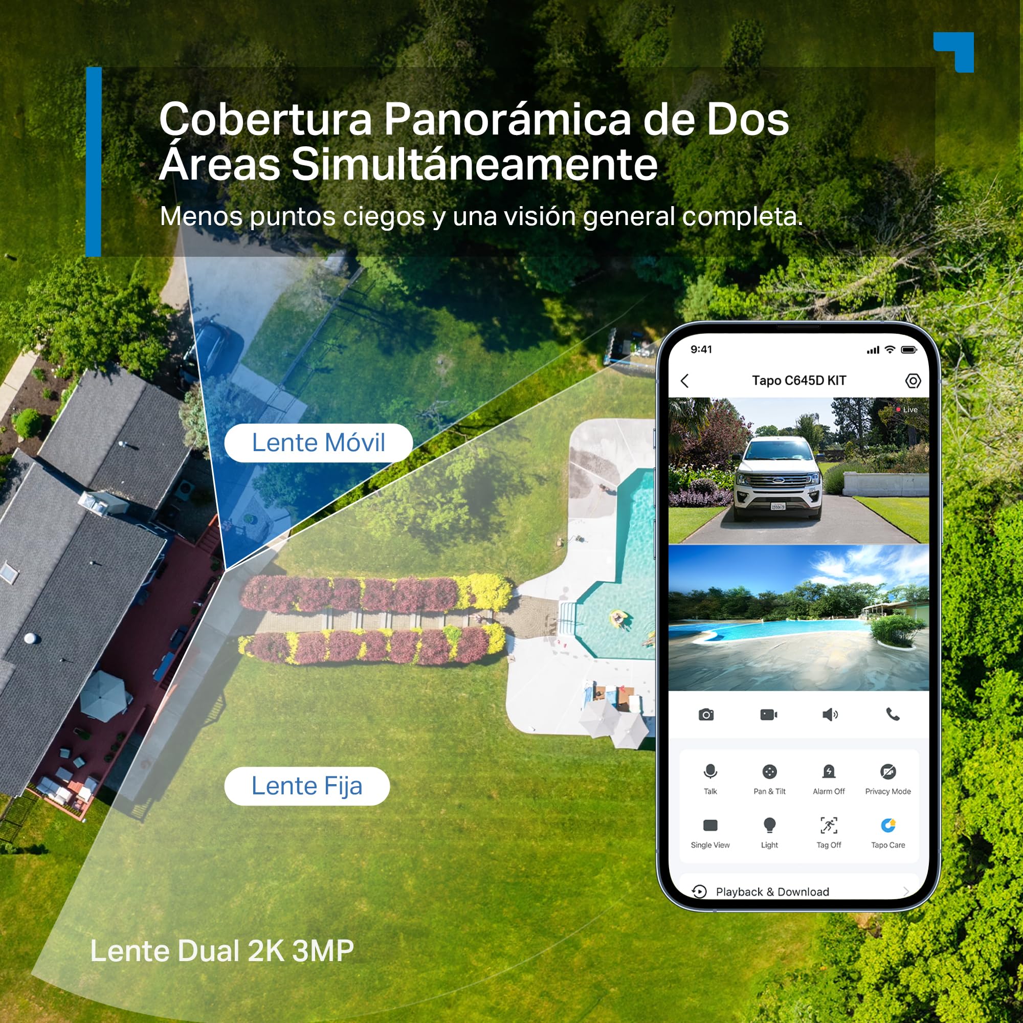 Tapo C645D Kit - Cámara Vigilancia Exterior 360º Doble Lente 2K Panel Solar | Detección de Movimiento, Personas y Mascotas. Con Panel Solar y Batería de 10000mAh. Alarma Luz y Sonido. App Tapo.