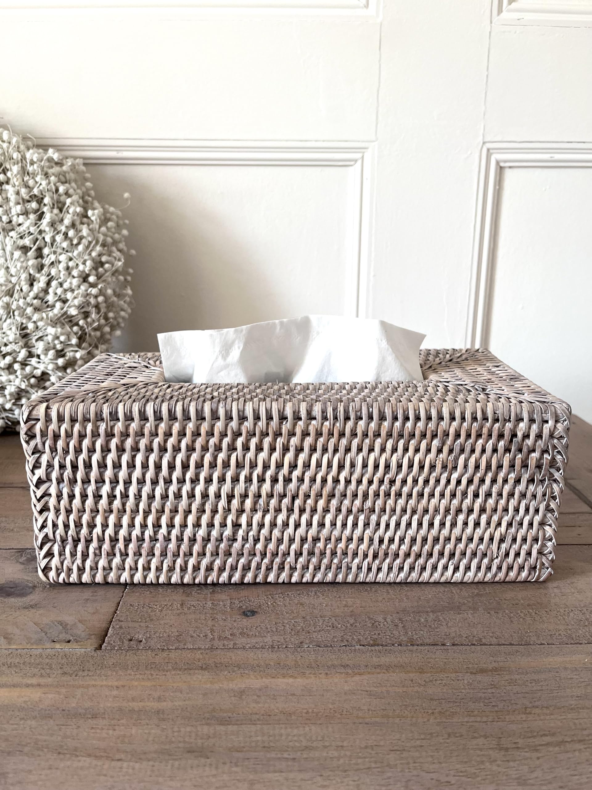 Wholesome Home White Wash Rattan Tissue Box Napkin Holder (Tissue Box Cover Rectangle (27Cm))