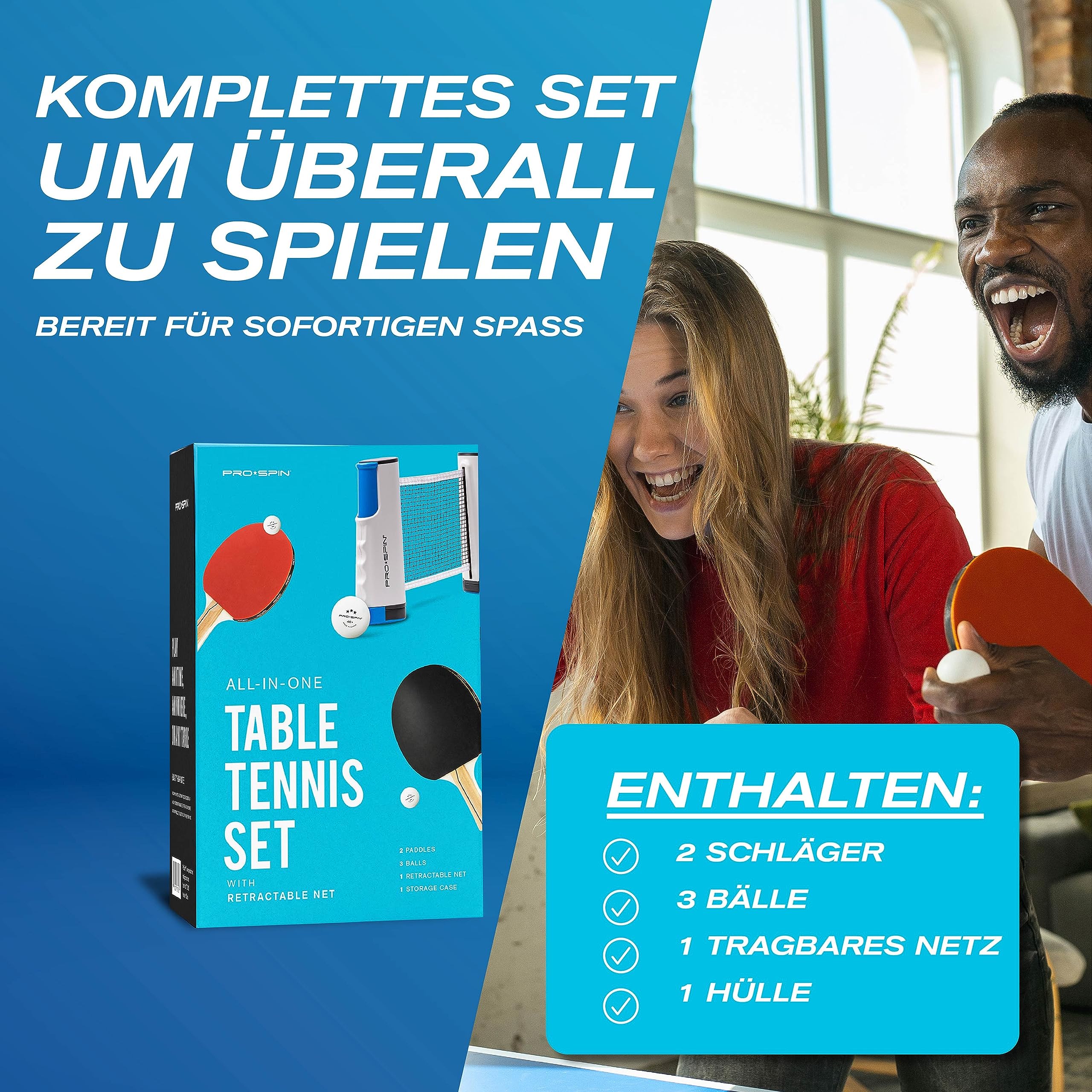PRO-SPIN Tischtennisschläger Set - Mit Tischtennisnetz Für Jeden Tisch, Tischtennis bälle 3-Sterne, Tasche/Hülle | Ausziehbares Mobiles Tischtennis Netz | Tolles Geschenk & Spiele