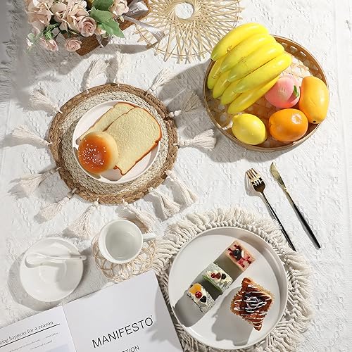 Miniatura 7 de Juego de 4 cestas de pared bohemias para colgar en la pared, decoración de macramé de ratán, redondas, planas, redondas, de mimbre, borlas de