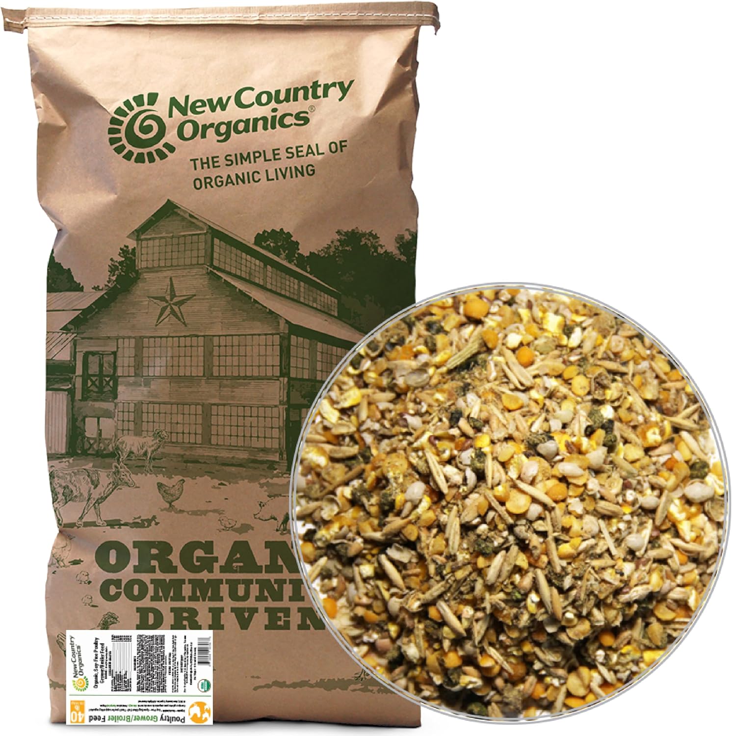 New Country Organics | Organic Grower/Broiler Feed for Growing Chickens | Soy-Free | 19% Protein | Certified Organic and Non-GMO | 40 lbs