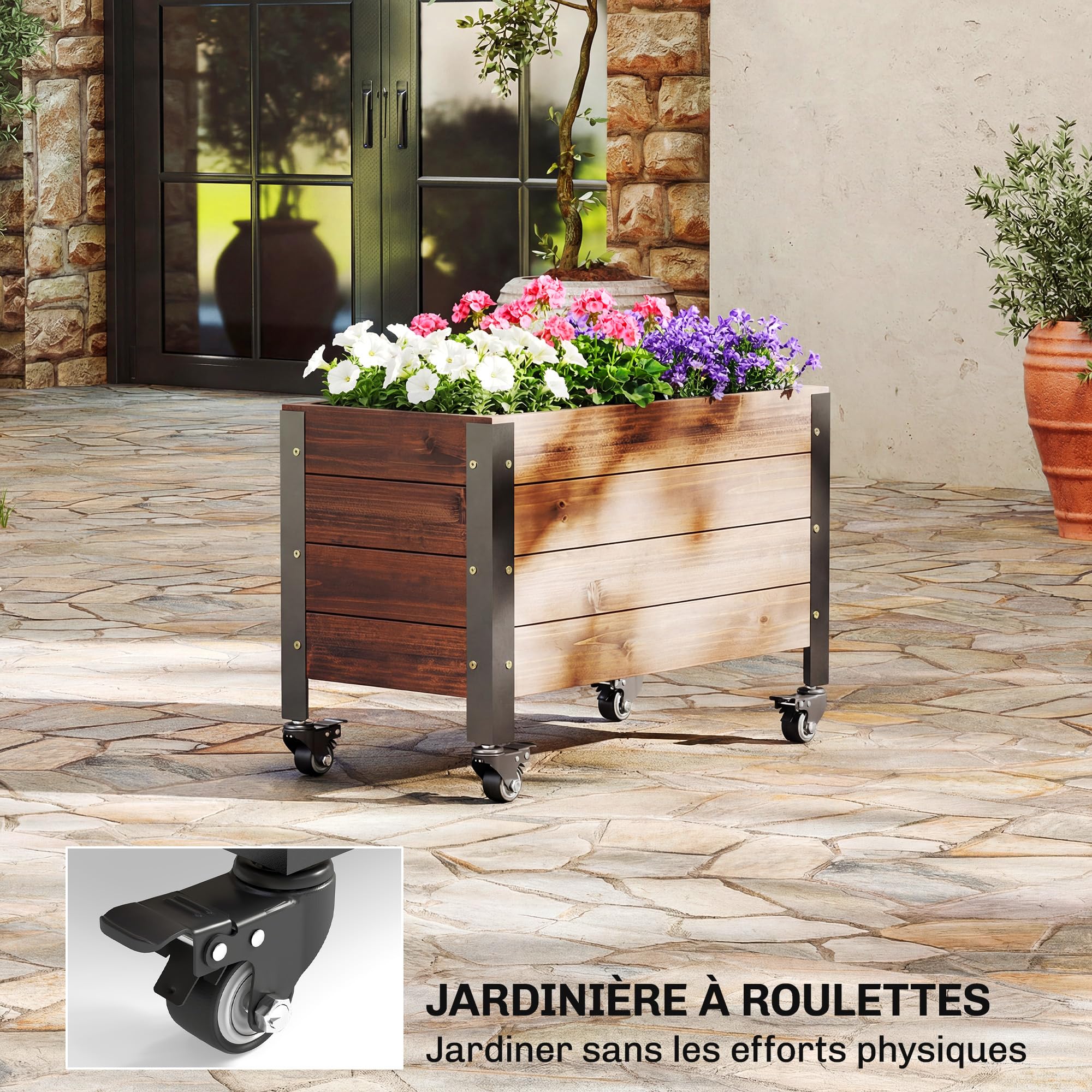 Outsunny Jardinière surélevée en Bois avec Roues, carré Potager de Jardin rectangulaire, Pot de Fleurs extérieur pour Herbes aromatiques et légumes, 60 x 30 x 41 cm, Marron