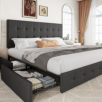 Allewie Upholstered King Size Platform Bed Frame with 4 Storage Drawers and Headboard, Square Stitched Button Tufted, Mattress Foundation with Wooden Slats Support, No Box Spring Needed, Dark Grey