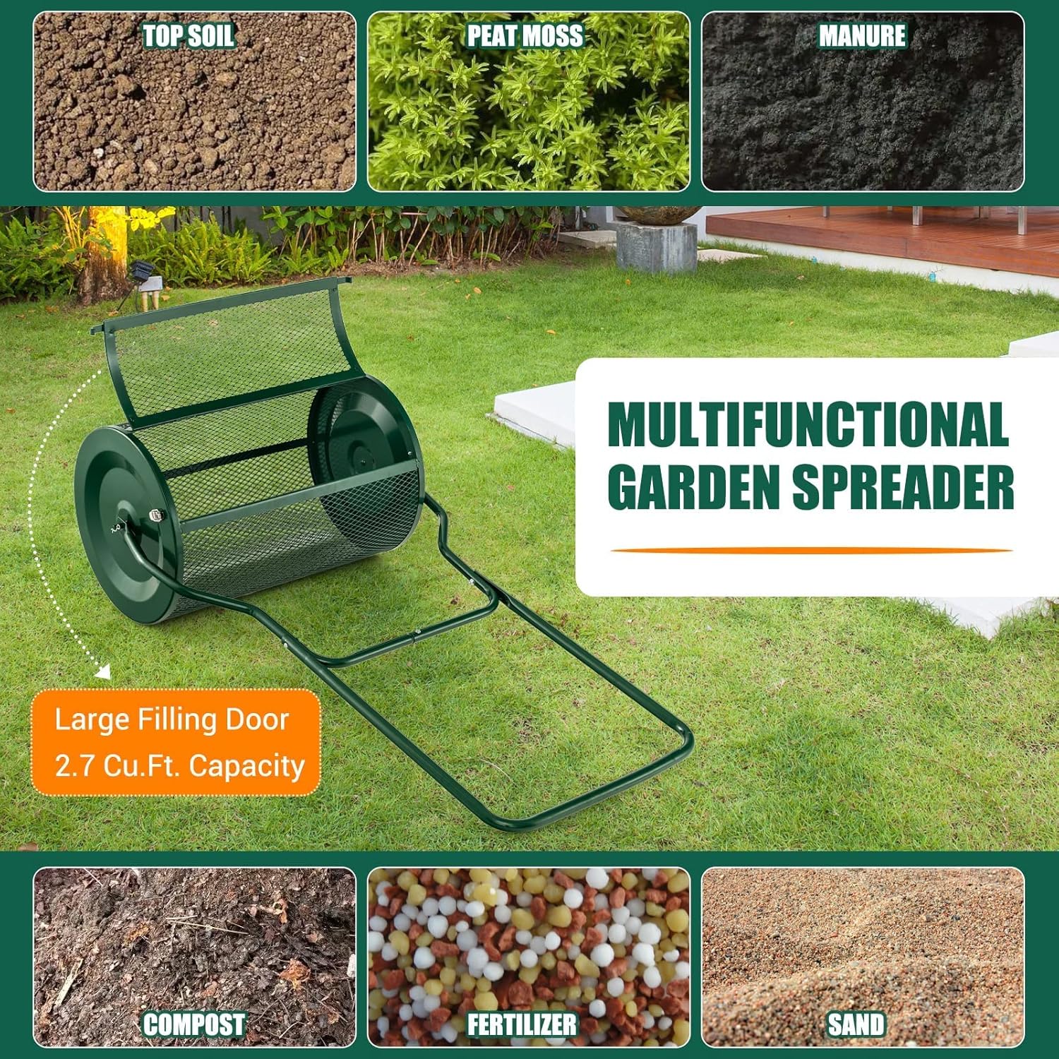 Seeds Spreader Peat Moss Spreader Upgraded U-Shaped HandleCompost Spreader Lawn & Garden Spreader for Lawns Fertilizer Compost Spreader for Garden Roller Spreaders