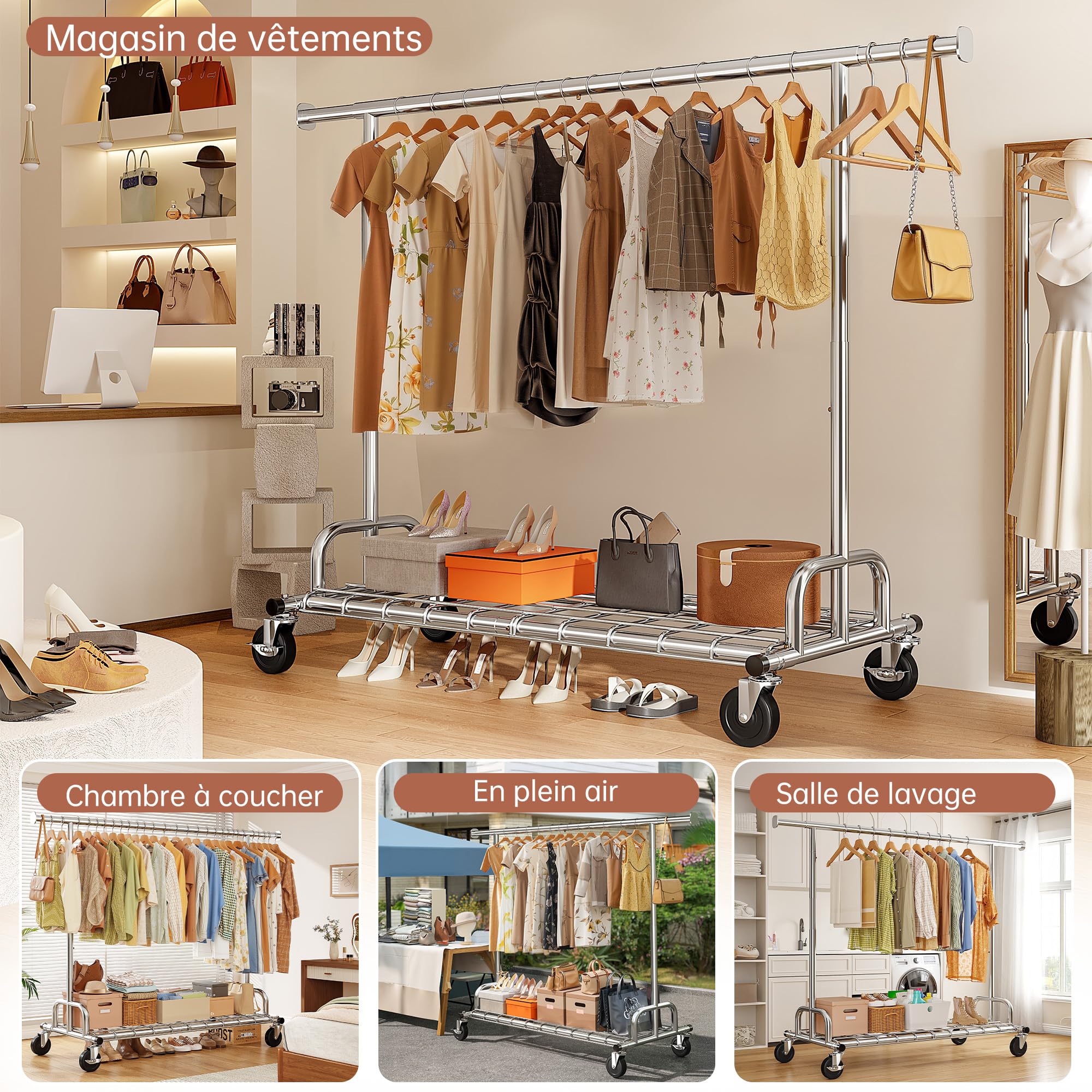 Portant Vetement Solide à Roulettes,200KG Capacité de Charge,Argenté | 130–190cm Extensible, 166-178cm réglable en hauteur, Portant a Vetements Convient pour Manteaux,Vestes d'hiver,Chemises