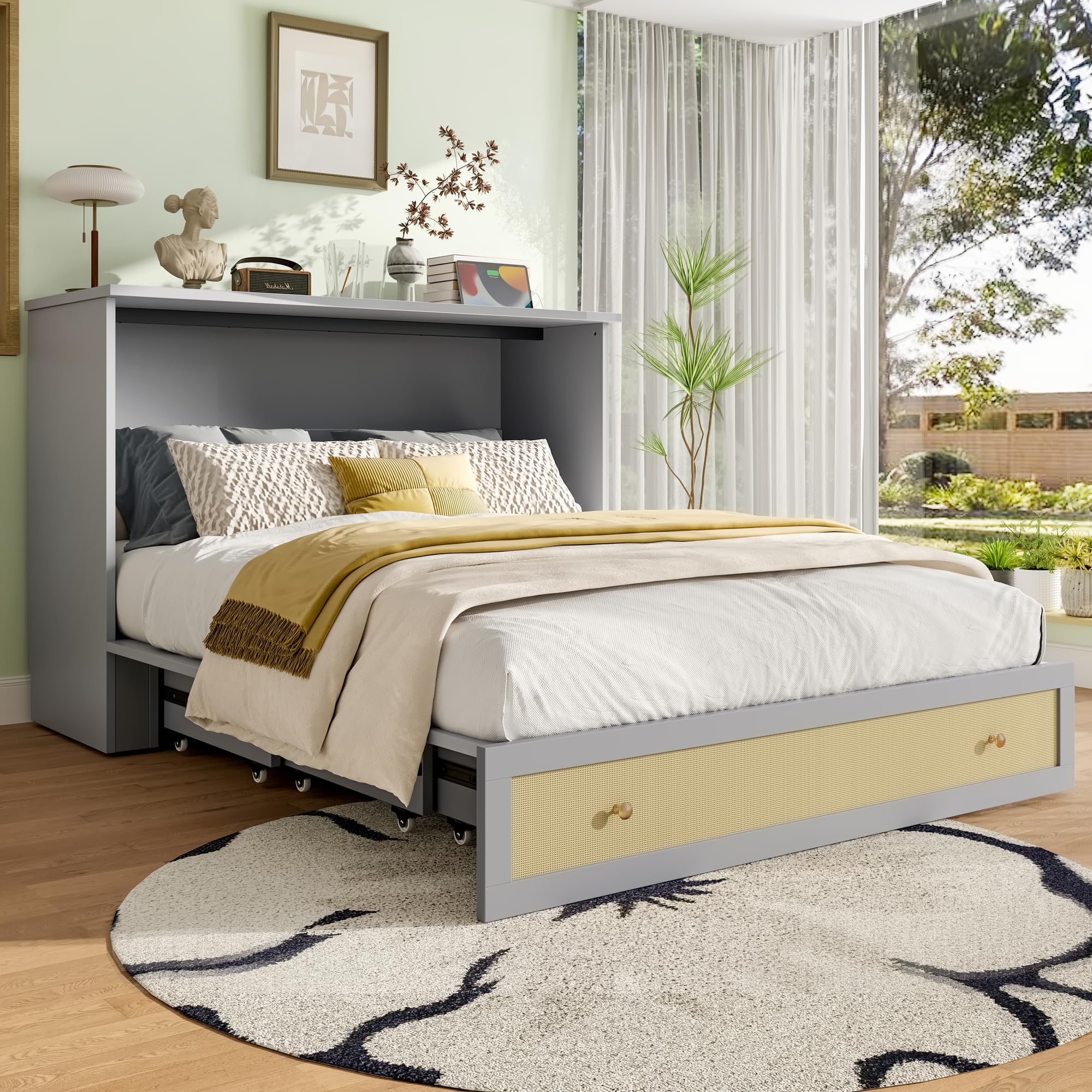 Cama Armario, 140 x 200, Móvil Armario Cama con Cajones en el Extremo de la Cama y Estante en la cabecera de la Cama con USB y Enchufe Cama con Plataforma Convertible, Sin Colchón (Gris)