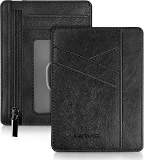 Ultra Slim Minimalist Wallet for Women, Leather RFID Blocking Credit Card Holder, Small Ladies Womens Wallet with Zipper Coin Pocket and ID Window, Black