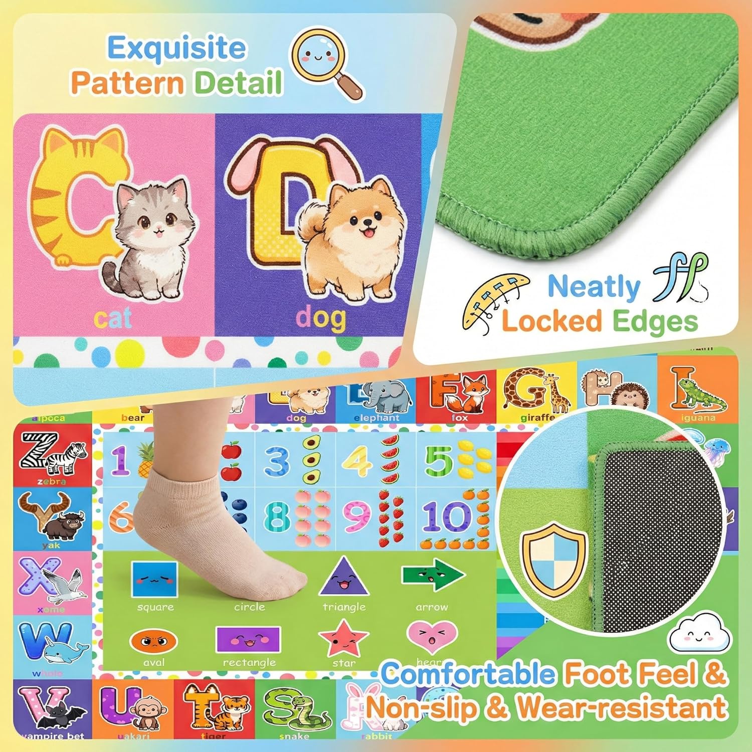 Kids Rug - 3x5 Feet ABC Rug for Playroom Nursery Educational Area Rugs with Alphabet Numbers Shapes Animals Children Play Mat for Bedroom Classroom Floor Decor