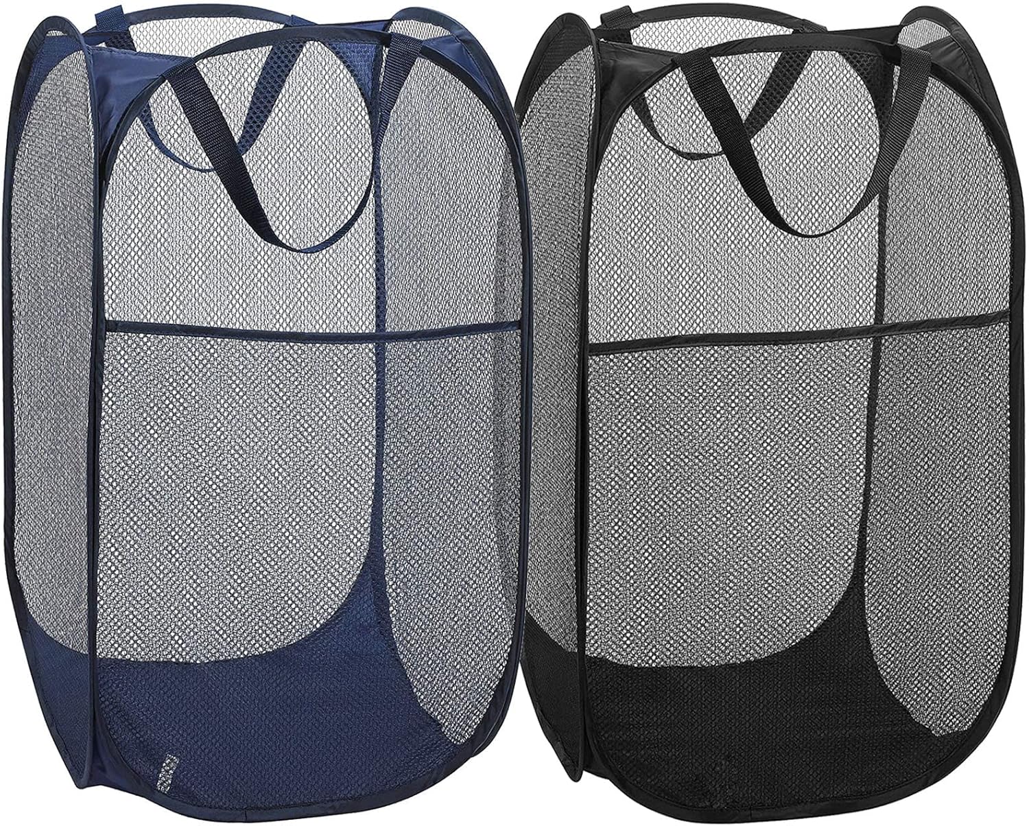 MOOMASS 2-Pack Foldable Mesh Pop-Up Laundry Hampers - Collapsible Baskets with Pockets & Handles for Dorm, Travel, College (Black & Blue)