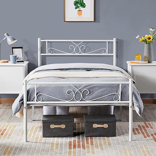 Miniatura 2 de Yaheetech Base de cama clásica de metal con cabecero y estribo, diseño floral, estructura fácil de instalar, tamaño individual XL, 2 piezas, color