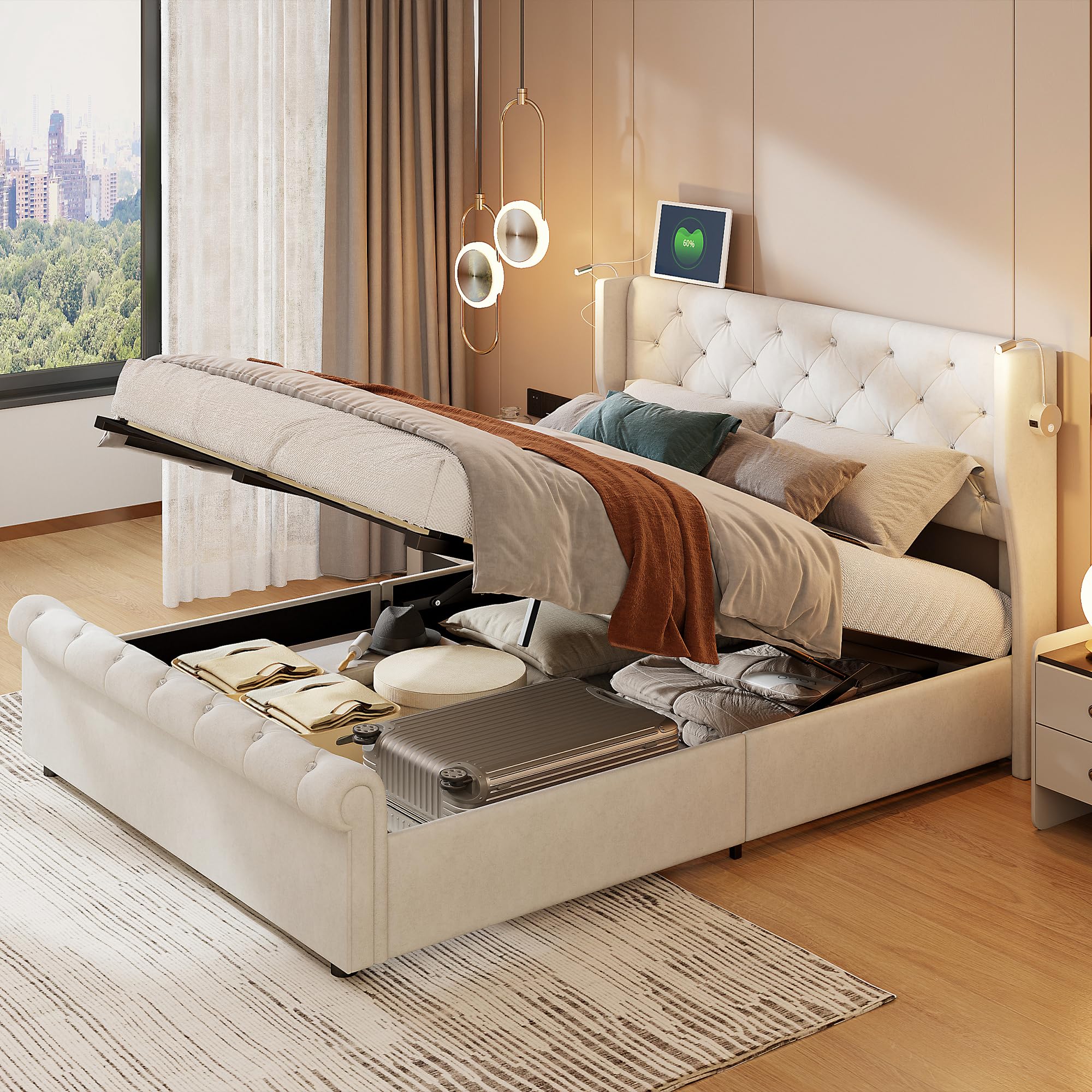 Cama de 160 x 200 cm con somier, cama tapizada con USB y 2 lámparas de lectura de cama acolchada con almacenamiento y somier de láminas, camas para adultos con lámpara de noche ajustable, terciopelo