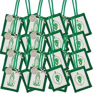 Needzo Wool-Backed Green Scapulars Catholic, Dual Paneled Scapular with Image of The Pierced Heart and Our Lady with Silver Tone Medals, 17.25 Inches (12 Pack)