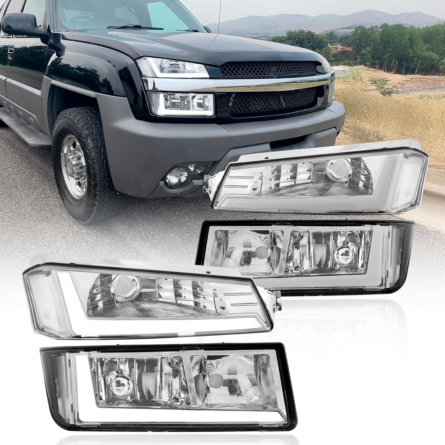 AJP Distributors Chrome Housing LED DRL Headlights Assembly + Bumper Clear Signal Lamps Pair Compatible/Replacement For Avalanche 1500 2500 Body Cladding Models 2002 2003 2004 2005 2006 02 03 04 05 06