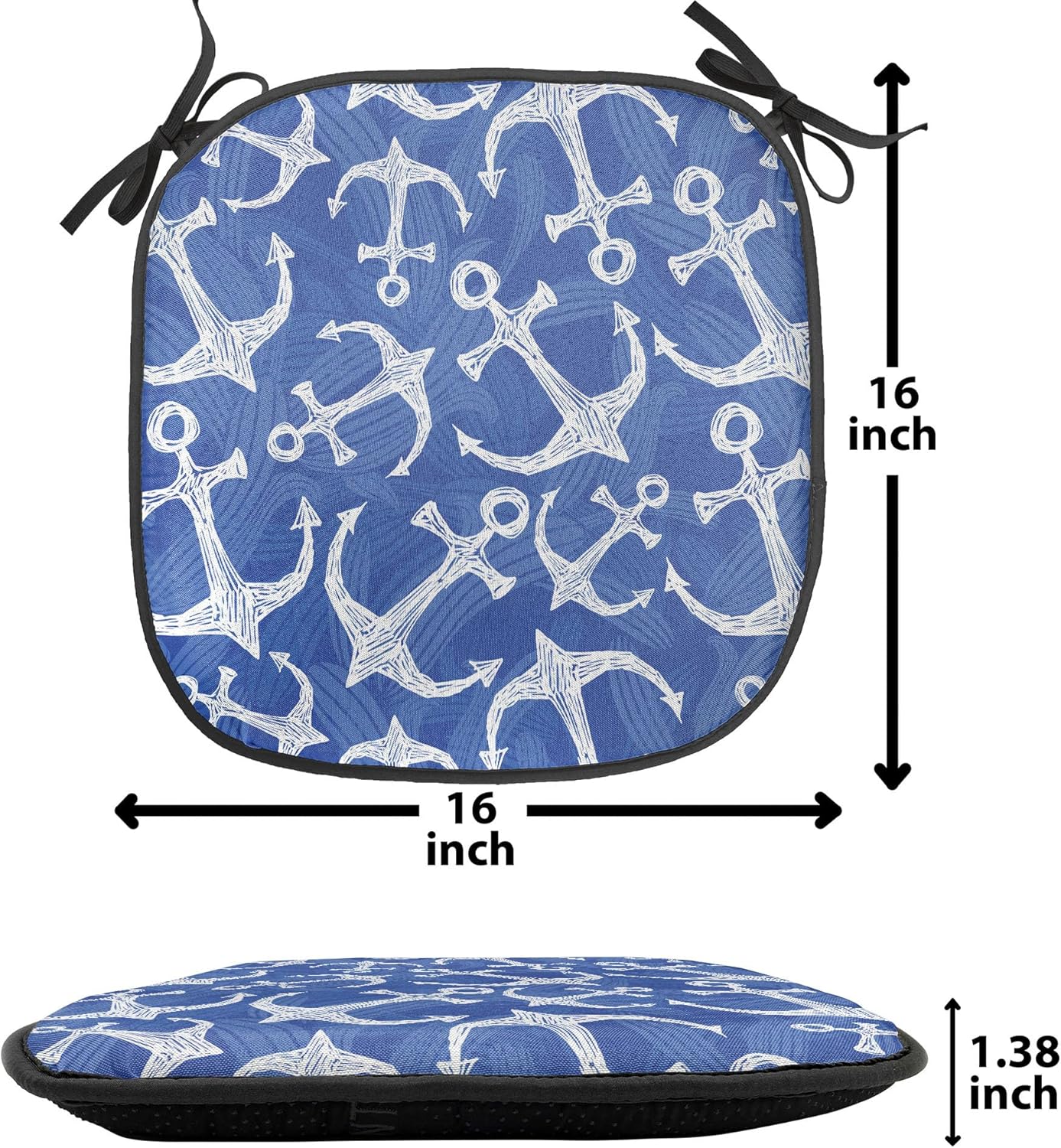 Ambesonne Anchor Chair Seating Cushion Set of 4, Sea Anchor with Weird Modern Lines Marine Life Equipments Sailing Hope Image, Anti-Slip Seat Padding for Kitchen & Patio, 16"x16", Azure Blue White