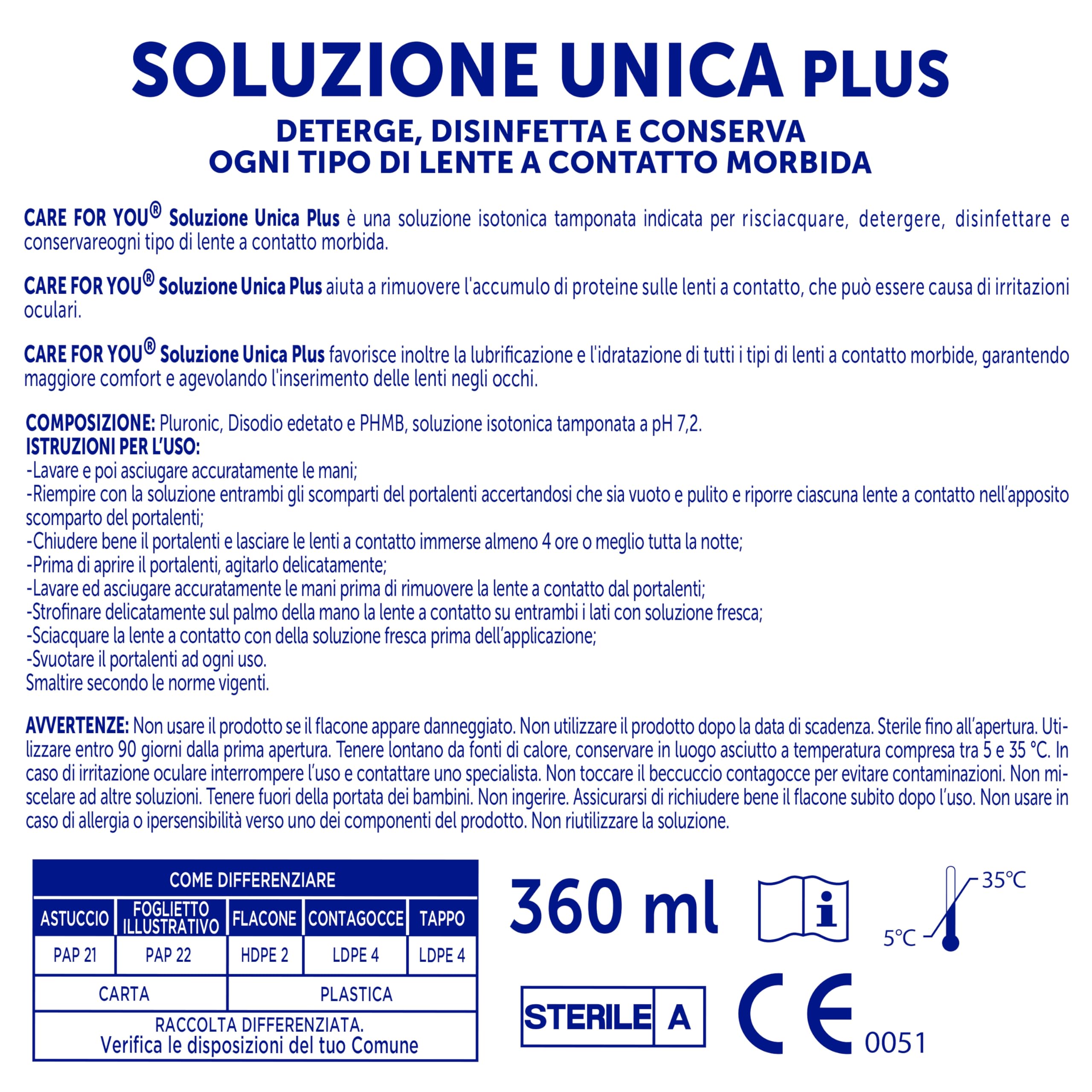CARE for you, Soluzione Unica Plus - Liquido Lenti a Contatto Morbide, Idrata e Lubrifica, Soluzione Salina per Lenti, Deterge e Disinfetta, 360 ml