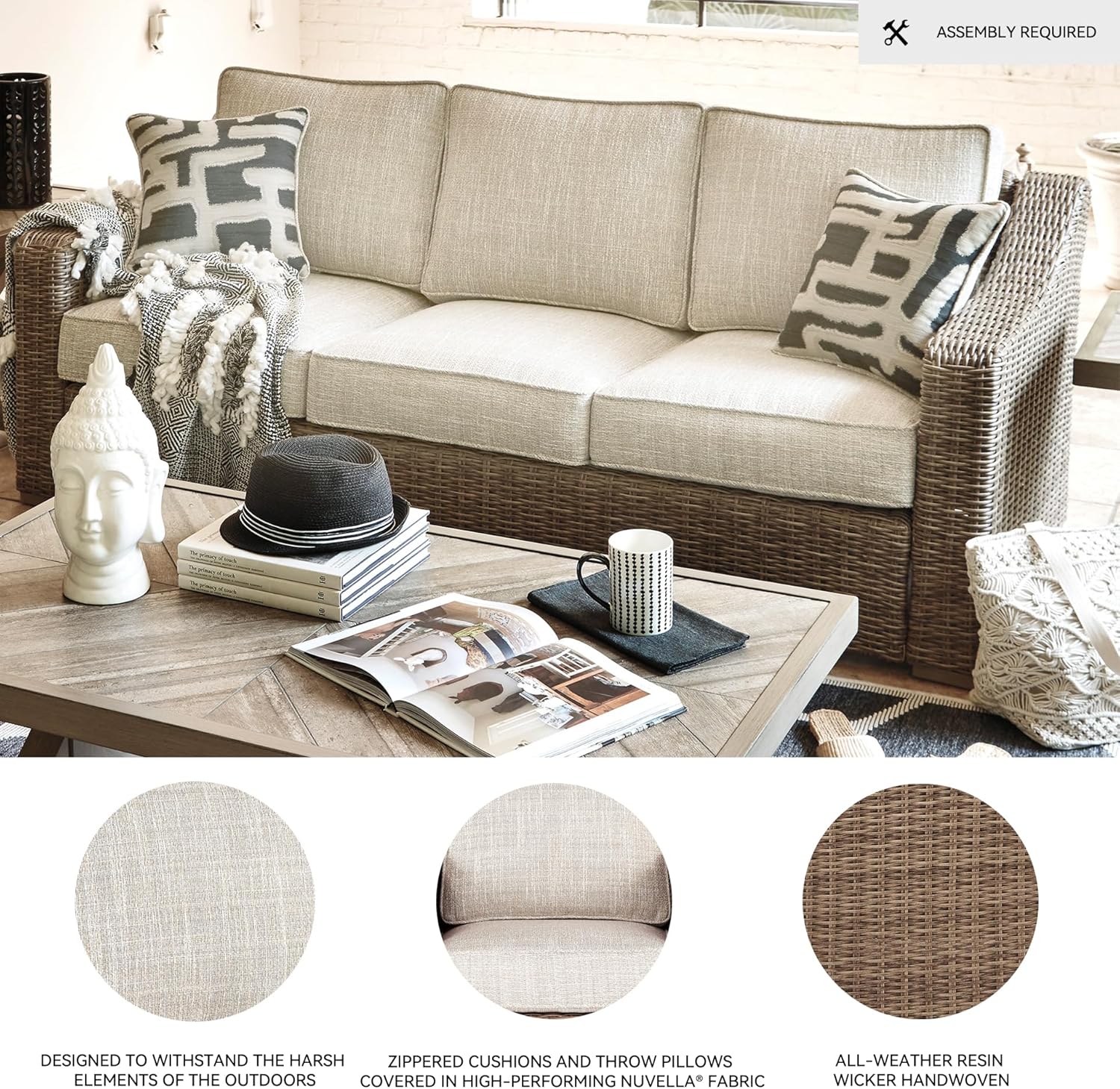 Signature Design by Ashley Beachcroft Outdoor Wicker Patio Sofa with Cushion and 2 Pillows,Nuvella Weather Resistant Fabric, Beige