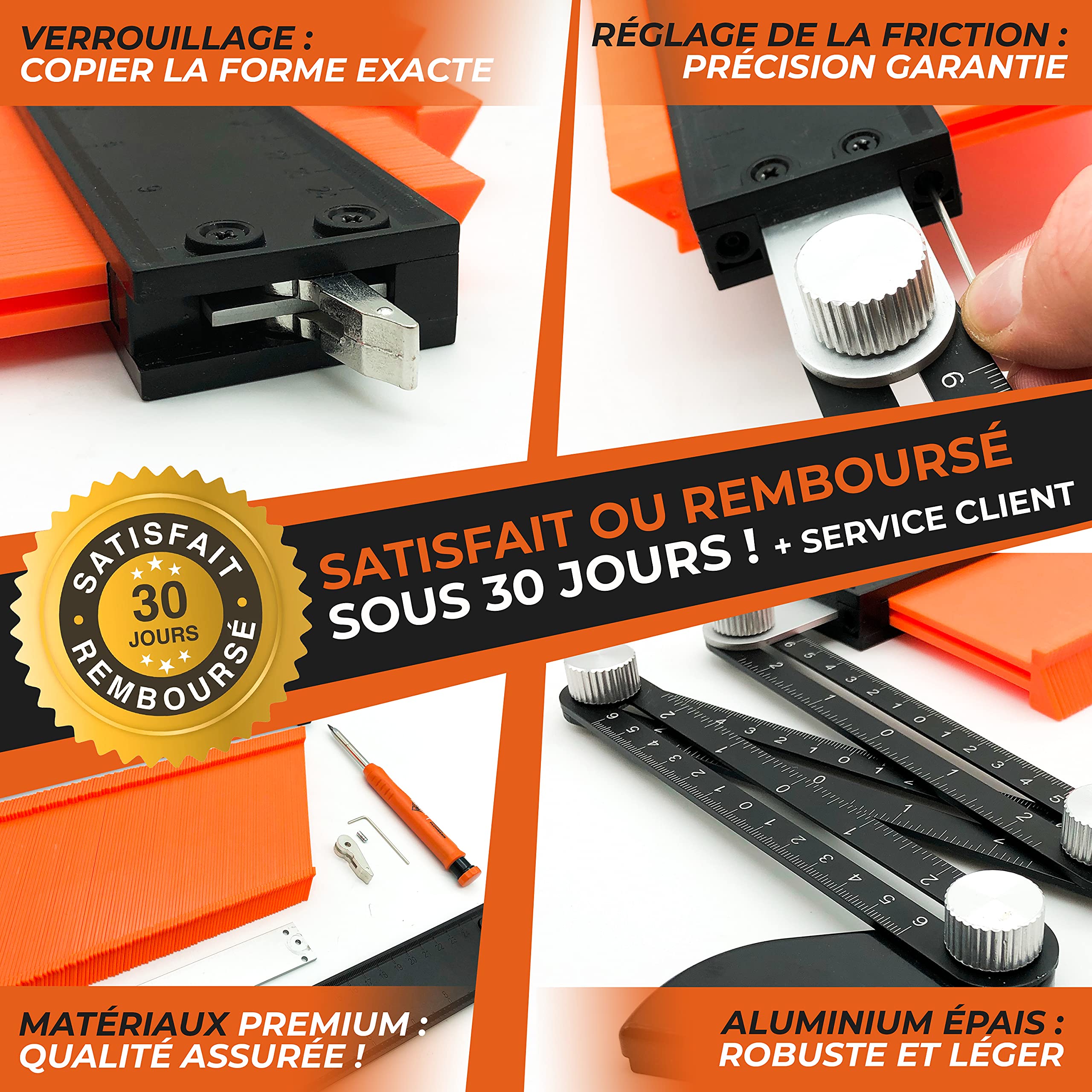 THORVALD Jauge de Contour Automatique 25cm Verrouillable - CRAYON CHANTIER et NOTICE FR - Copieur de Contour pour traçage gabarit de decoupe carrelage et parquet