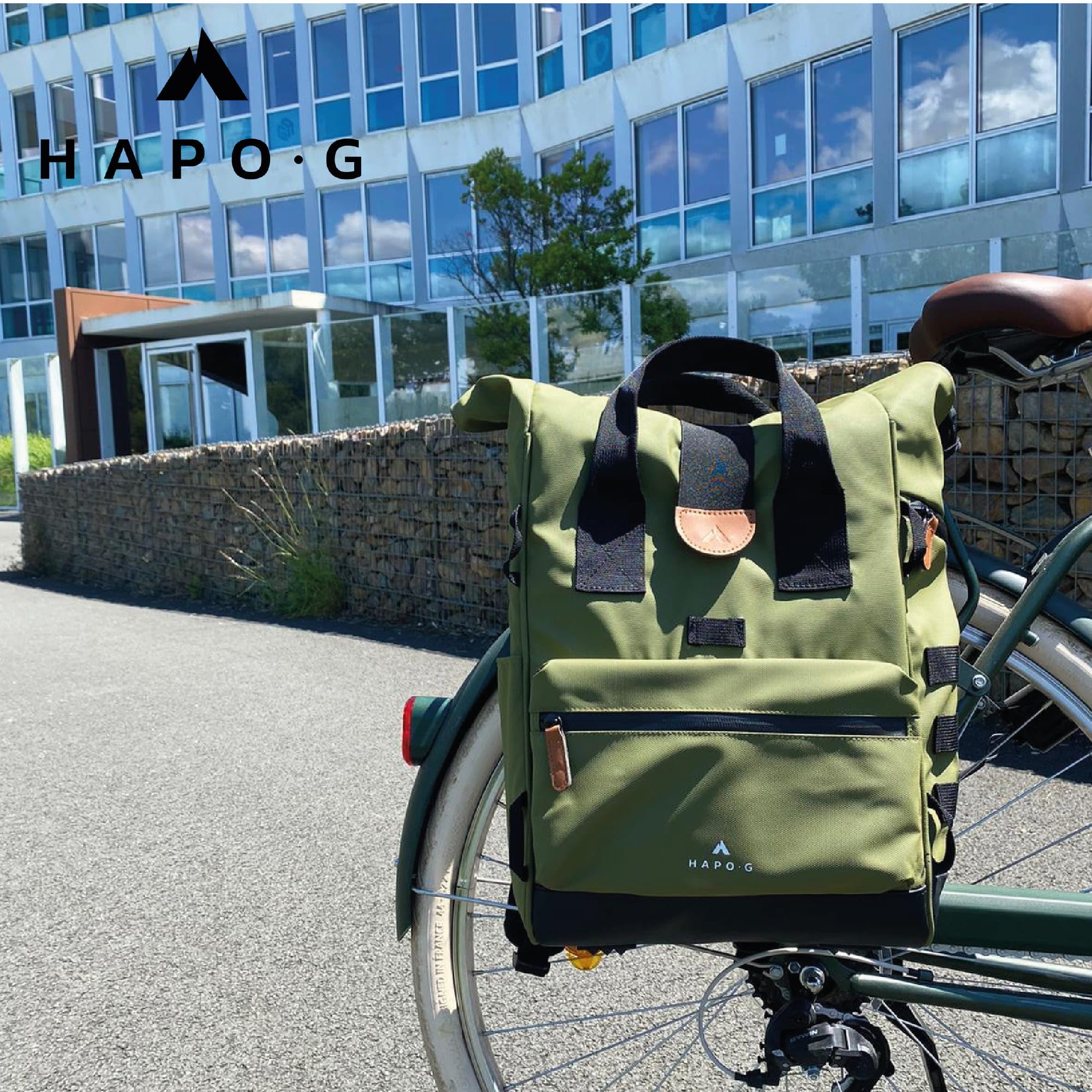 Hapo-G - Sacoche arrière roll-top convertible sac à dos MEDIUM - 22L - KAKI - Waterproof et déperlant - Compartiment ordinateur 14" - Poches zippées - Fixation porte-bagages - Idéal pour vélo
