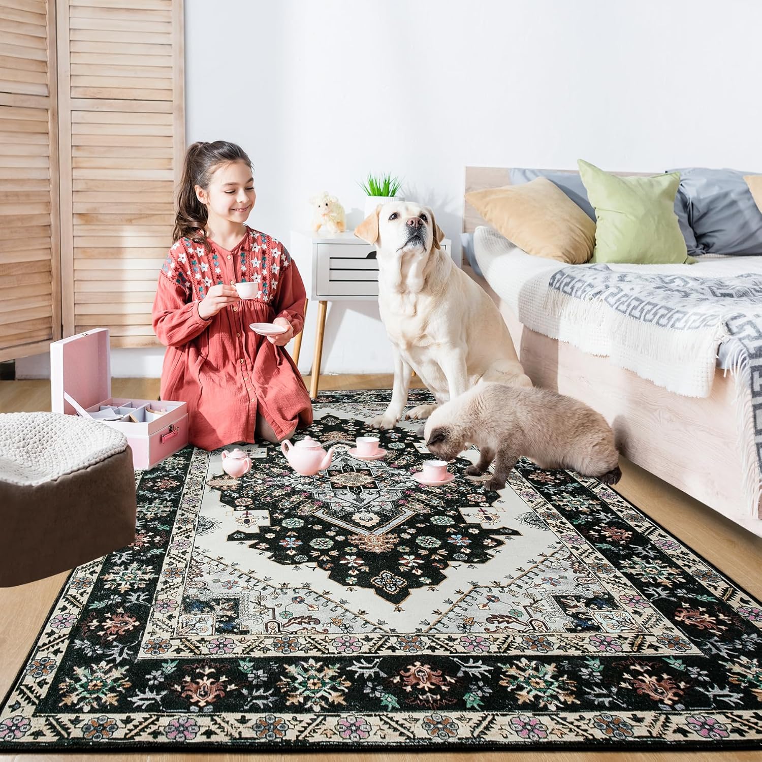 Noahas Black 4x6 Area Rugs for Bedroom, Vintage Machine Washable Rug,Low Pile Print Large Rug with Rubber Backing Non-Slip Carpet for Living Room,Kitchen,Dining Room,Home Office,Home Decor