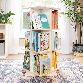 Guidecraft EdQ Rotating Bookshelf for Kids - White 360 Spinning Plywood Book Organizer with Acrylic Windows Montessori Bookshelf for Kids Classroom | Playroom Storage and Bookcase for Classroom