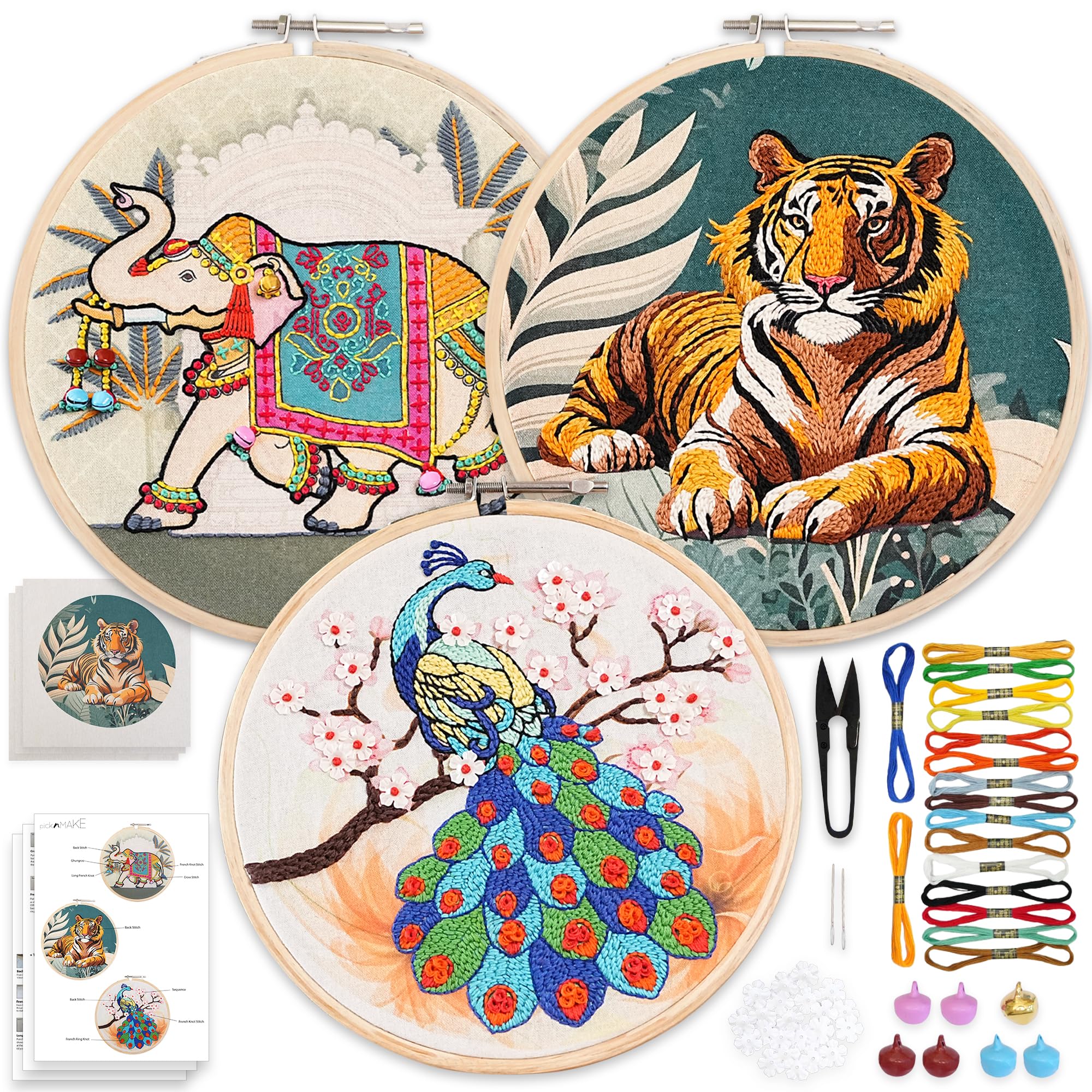 picknMAKE Combo of 3 Full DIY Hand Embroidery Kits for Beginners | Cross Stitch Kit for Adults & Kids | Pre-Printed Fabric Panels with Threads, Needles, Hoop, Sequins & Instruction Guide