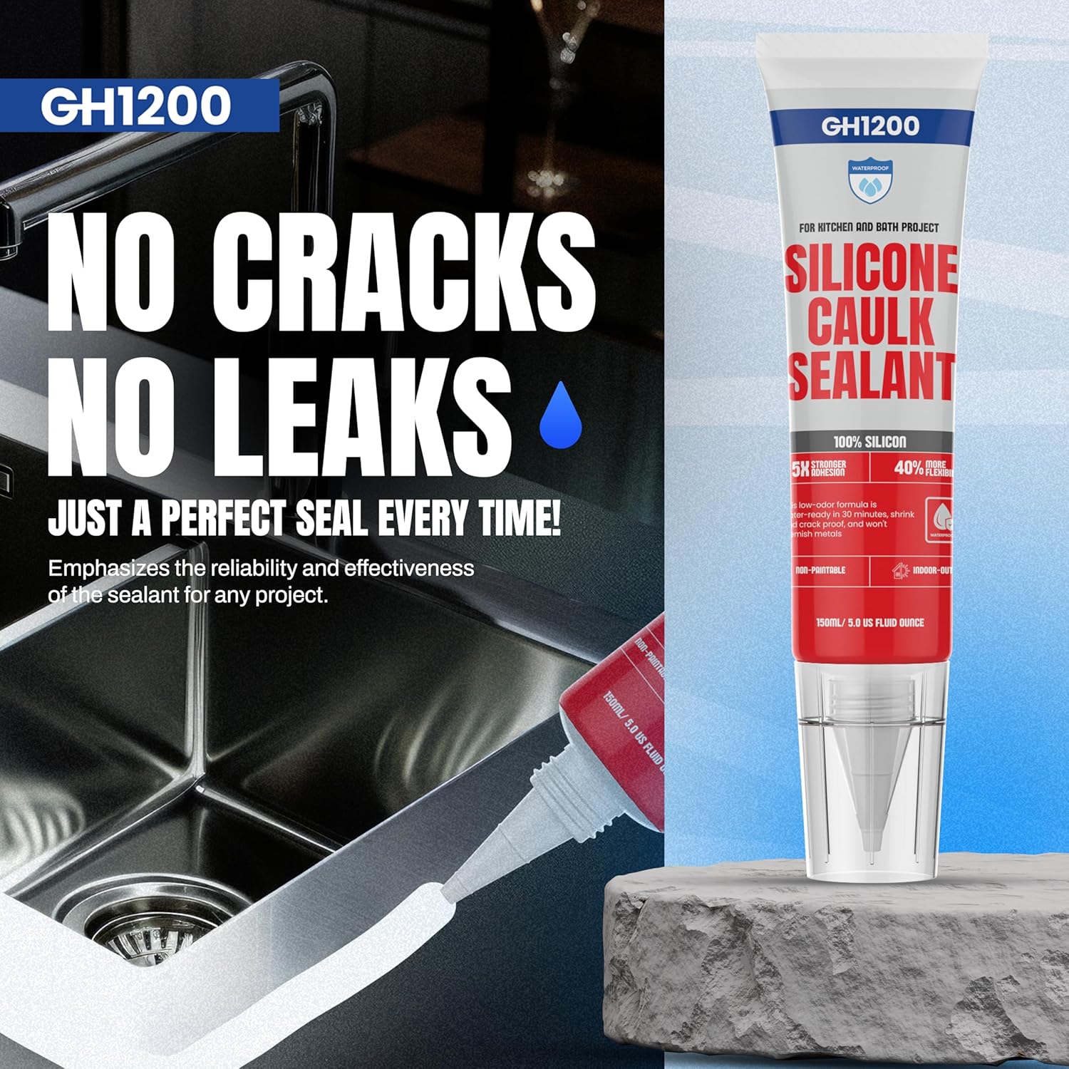 GH1200 White Silicone Sealant - 150 ML/5 FL Oz Waterproof Sealant for Kitchen & Bathroom - Shrink & Crack Proof Silicone Caulk - Indoor & Outdoor Use Sealant - Strong Formula Silicone Adhesive Tube