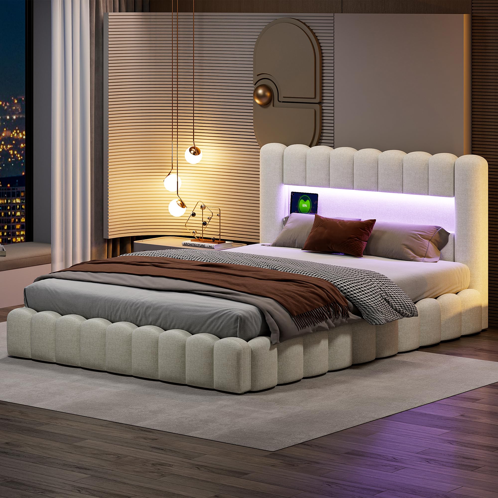 Letto King Size 180x200 con Contenitore Idraulico, Letto Imbottito con LED e USB, Struttura Letto Matrimoniale Grande con Testiera Portaoggetti, Beige, Lino (Senza Materasso)
